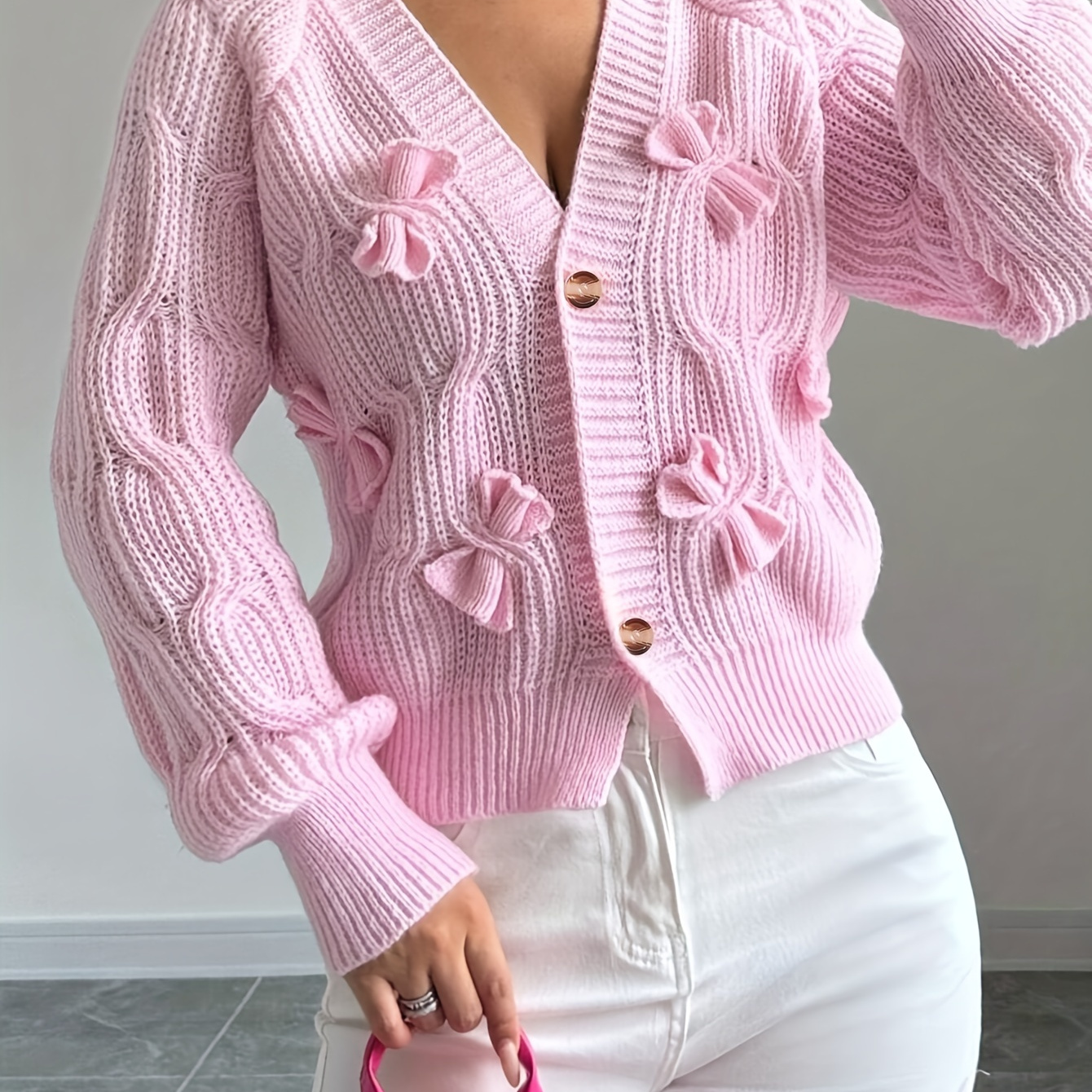 

Elegant Women's 3d Bow Long Sleeve Knitted Cardigan