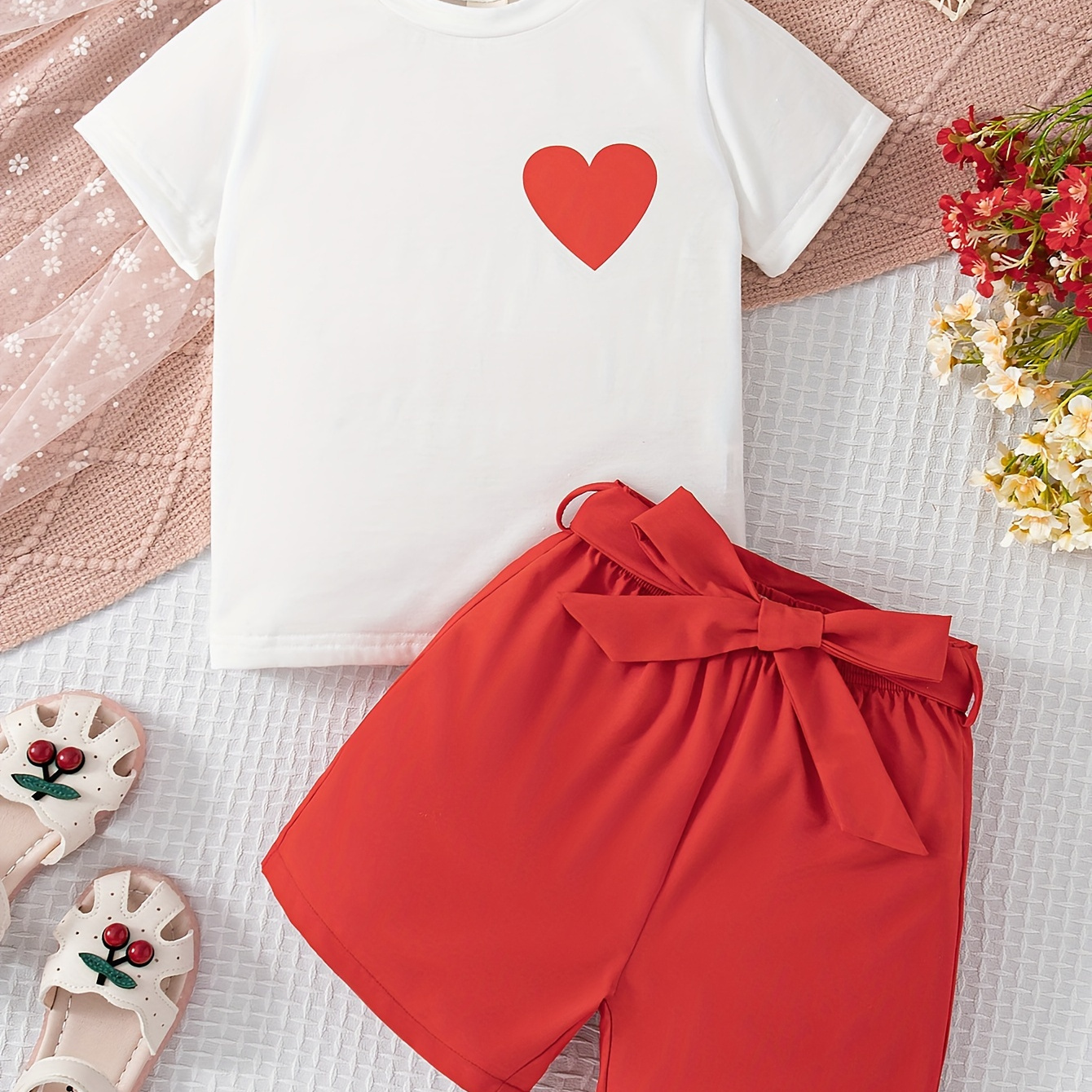 

Girl's Cute Red 2pcs Short-sleeve T-shirt Top & Belt Shorts Set, Casual Two-piece Summer Clothes