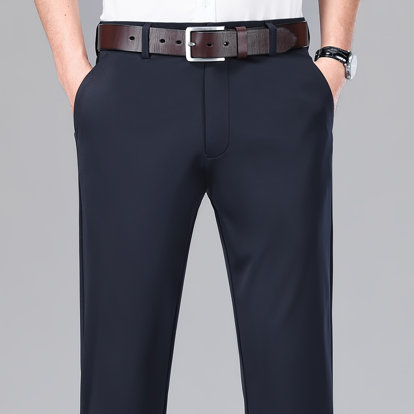 

Senmeiguo Dress Pants - Polyester, Solid Color With Button Detail, Business & Casual Wear