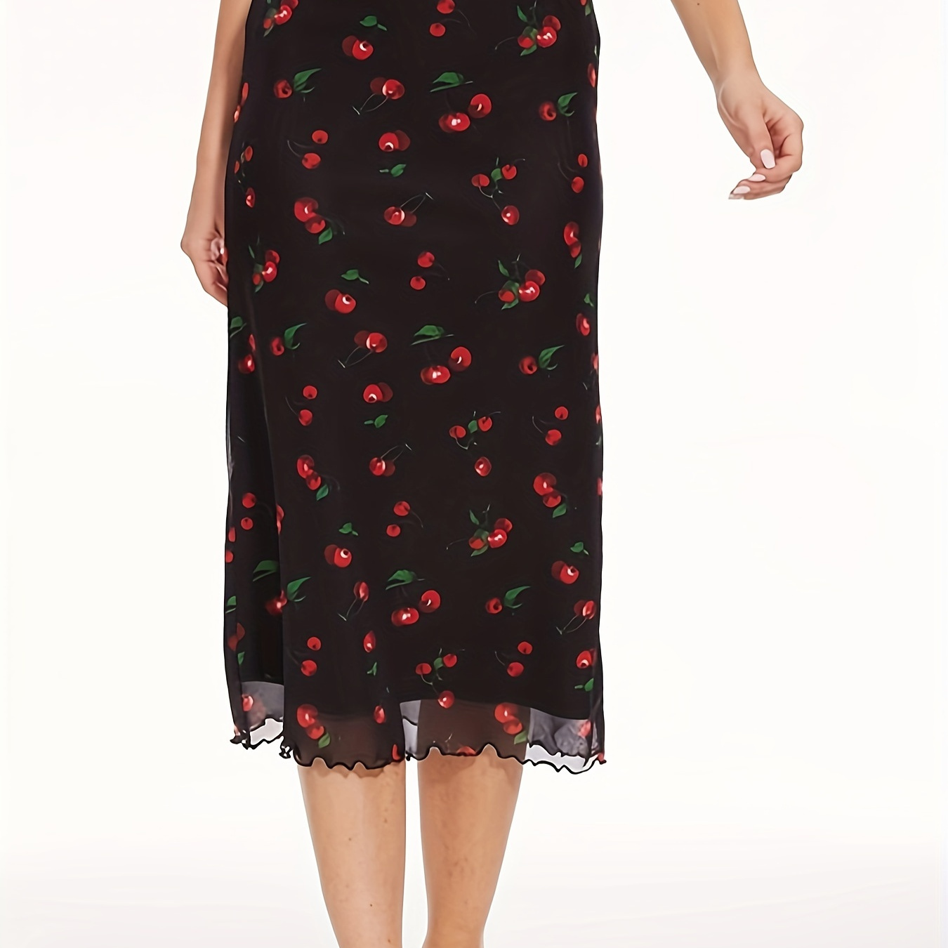 

Cherry Print Ballerina Length Sheath Skirt, Elegant High Waist Skirt For Spring & Summer, Women's Clothing