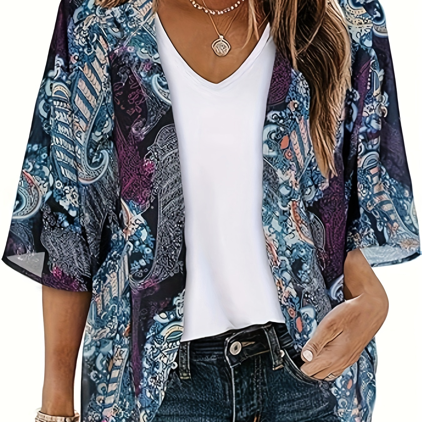 

Cardigan Kimono en Mousseline Légère pour Femme - Imprimé Floral , Manches Chauve-Souris, Couvre-Corps Transparent à Col V pour /Été