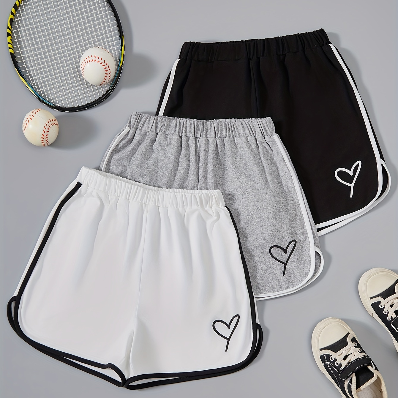 

3pcs Girls Casual Heart Graphic Splicing Shorts Set Comfy Shorts Summer Clothes Gift