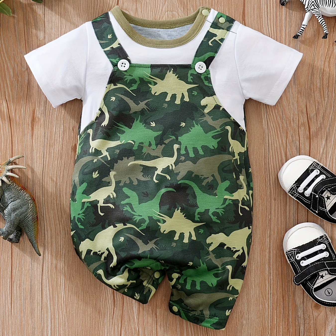 

Baby Boys Casual Trendy Creative Cute Faux 2 Pieces Short Sleeve Jumpsuit With Camouflage Dinosaur Graphic For Summer Holiday