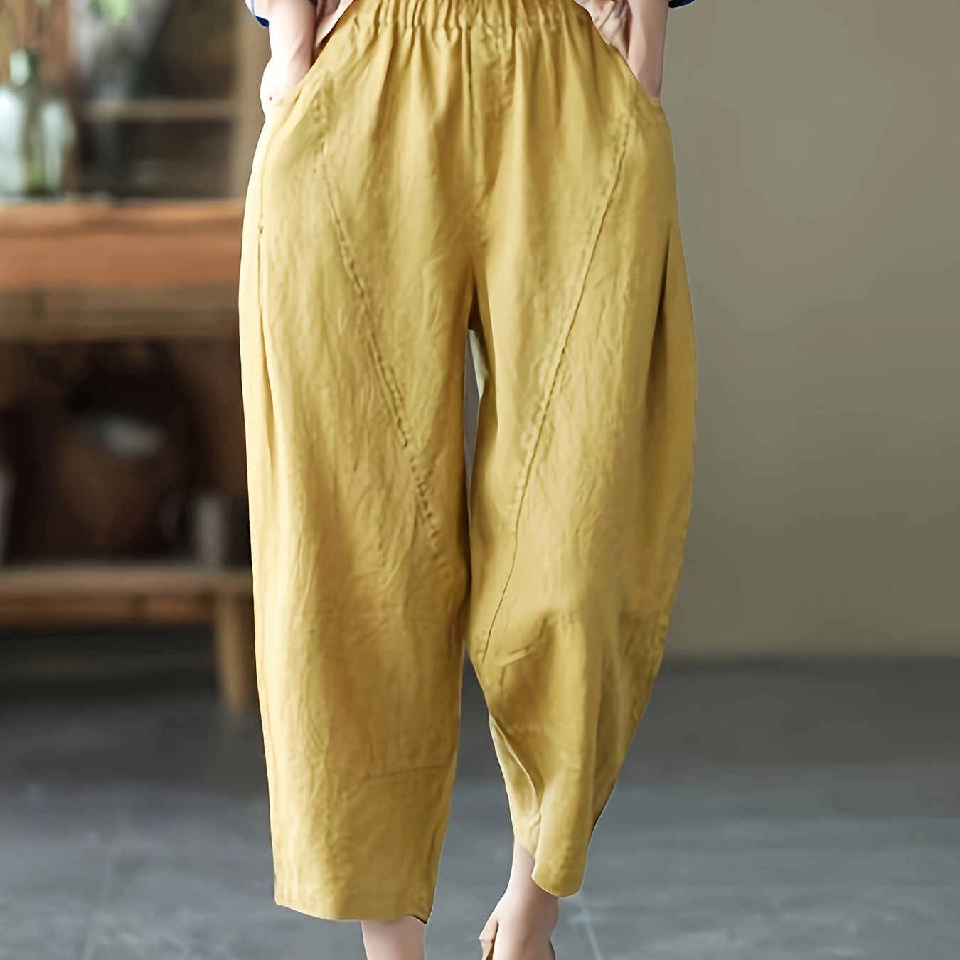 

Solid Elastic Waist Loose Pants, Casual 4 Pockets Pants, Women's Clothing