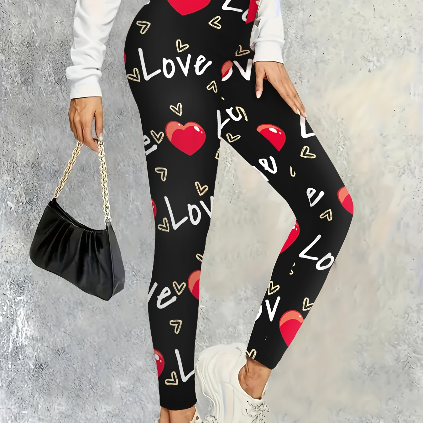 

Chic Heart & Letter Print Stretch Leggings For Women - Casual, Machine Washable, , Bottoming, Fashion