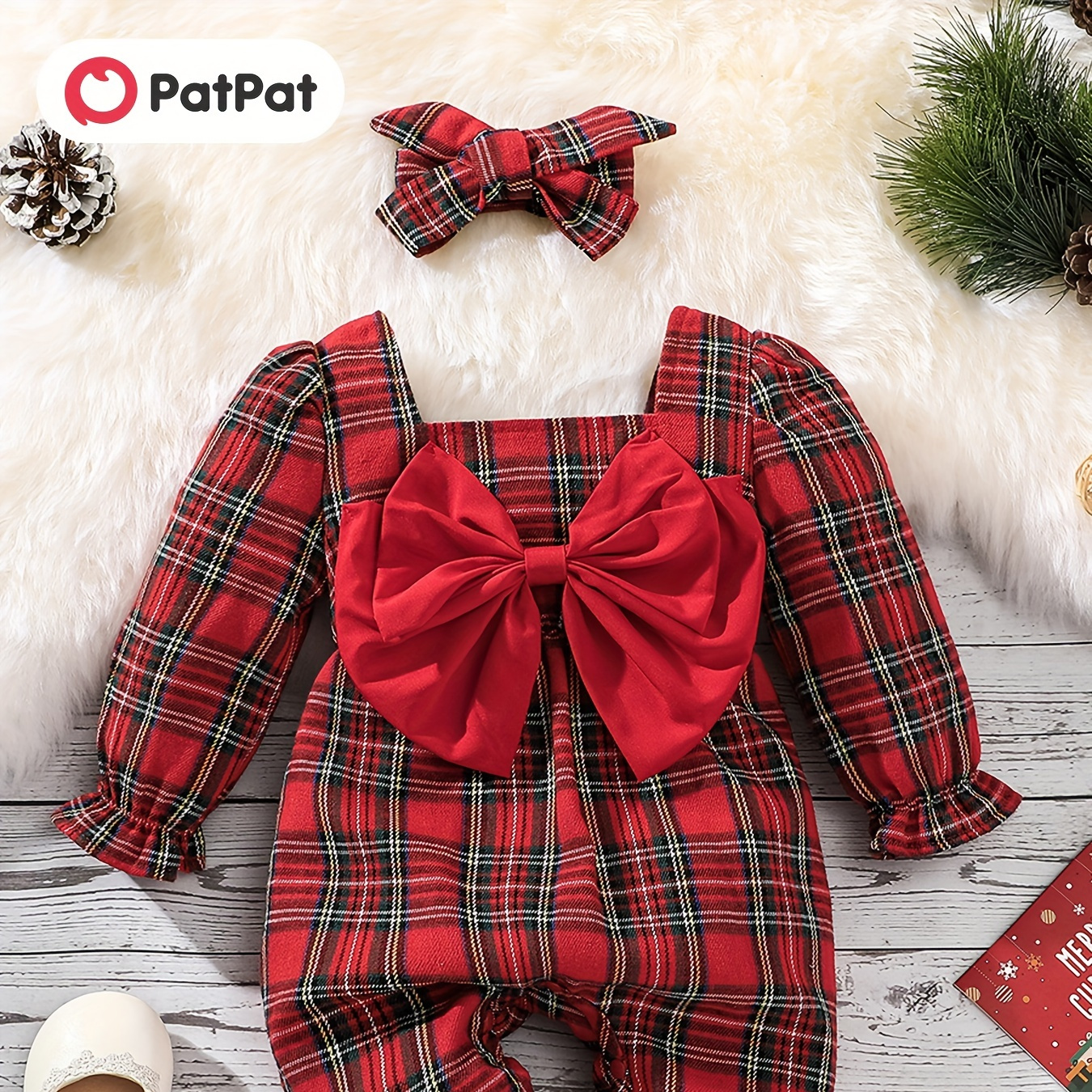 

Patpat 2pcs Baby Girl Bow Front Red Plaid Square Neck Long-sleeved Jumpsuit With Headband Set