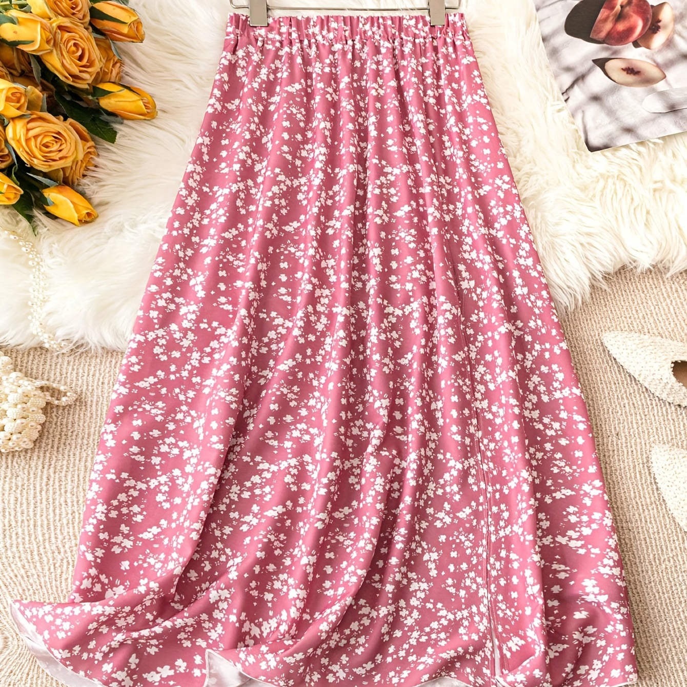 

Floral Print Elastic Waist Skirt, Elegant Swing Skirt For Spring & Fall, Women's Clothing