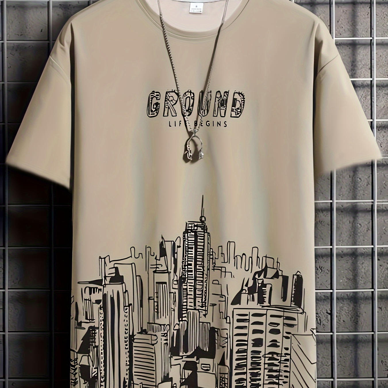 

Men's Stylish Buildings Pattern Shirt, Casual Breathable Crew Neck Short Sleeve Tee Top For City Walk Street Hanging Outdoor Activities