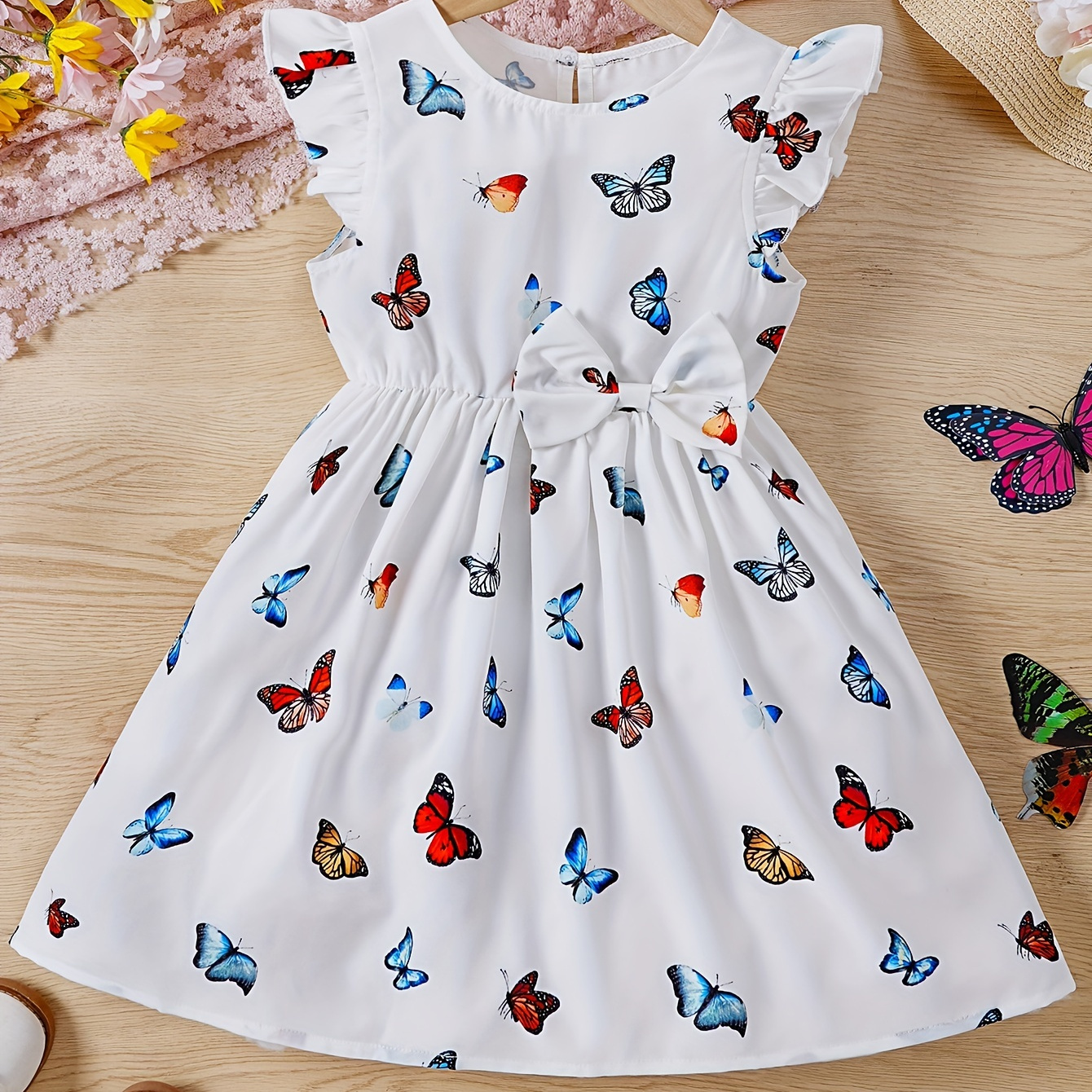 

Cute Girls Flying Sleeve Butterfly Print Bowknot Sweet Casual Dress For Summer