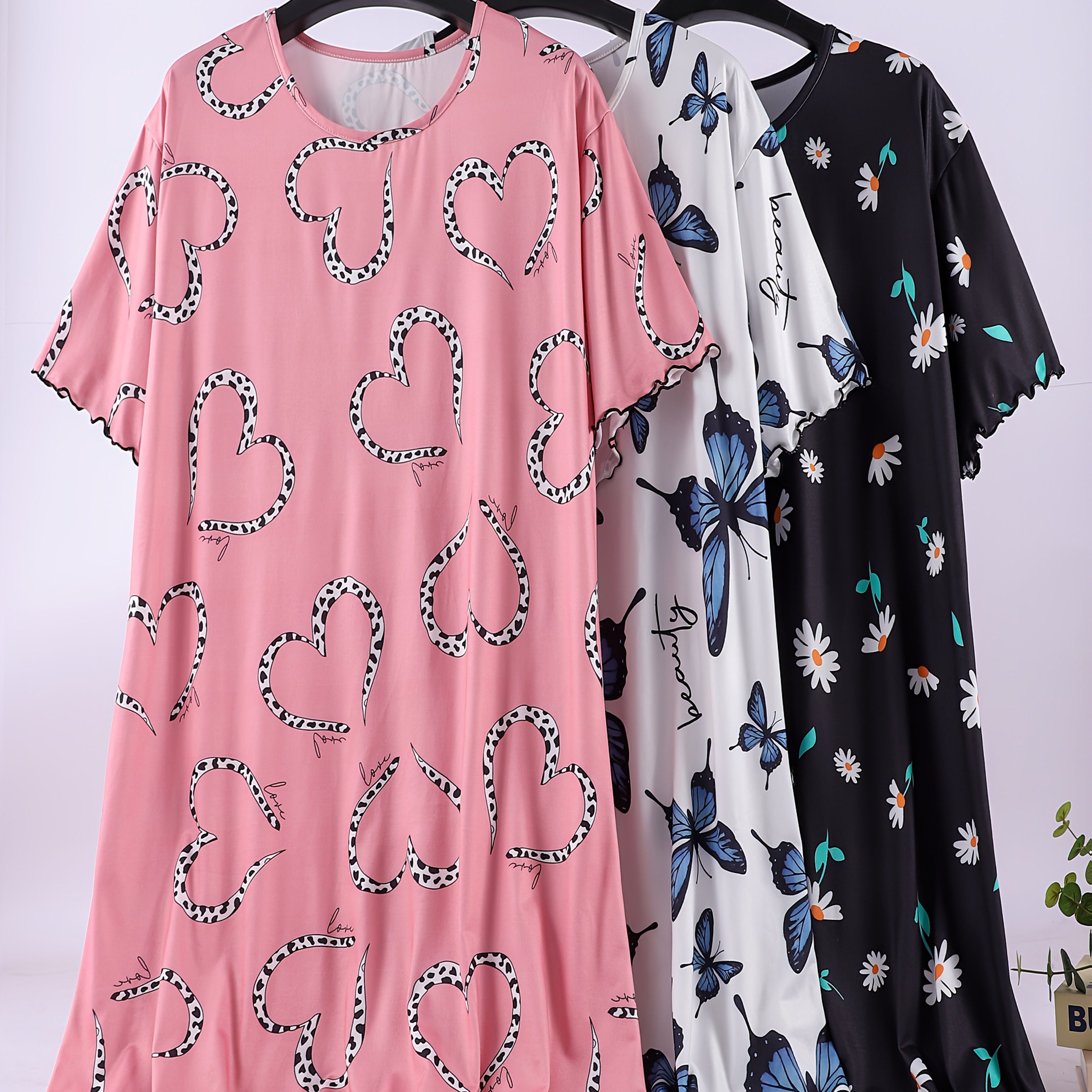 

3pcs Women's Plus Size Summer Sleep Dresses - Comfy & Stretchy, Floral & Prints With Lettuce Hem, Round Neck Short Sleeve Nightgowns