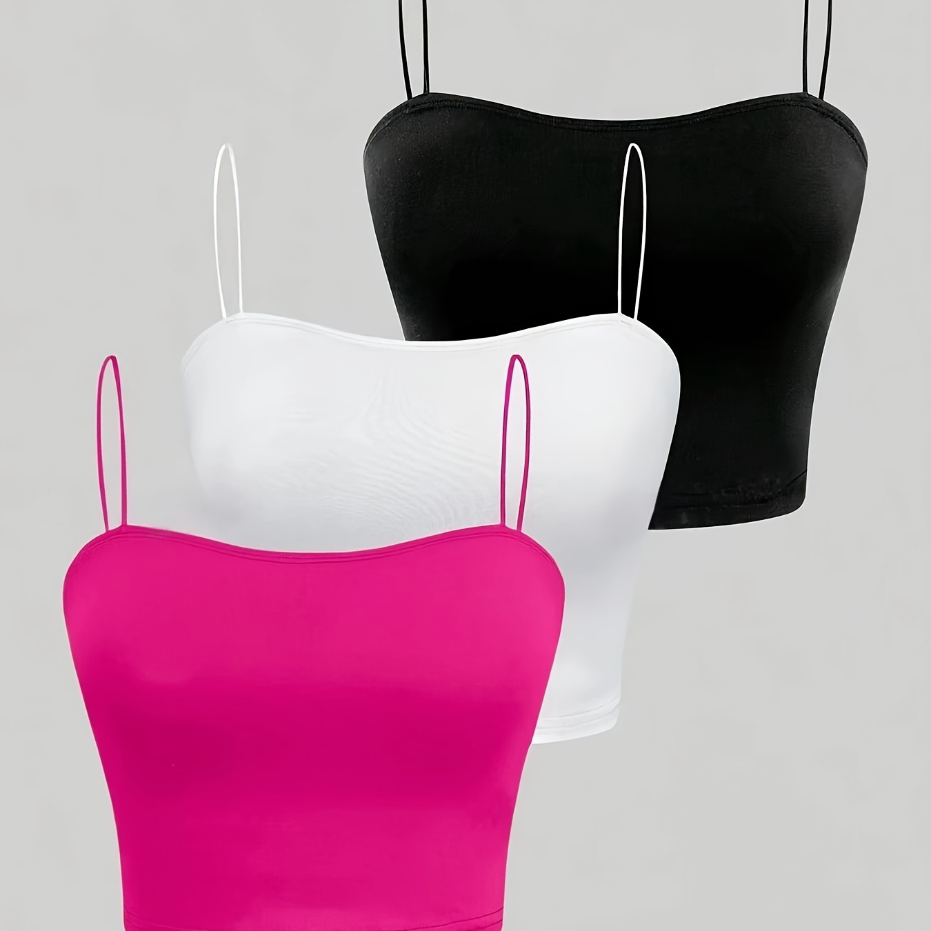 

3 Pack Solid Color Crop Cami Top, Versatile Spaghetti Strap Top For Summer, Women's Clothing