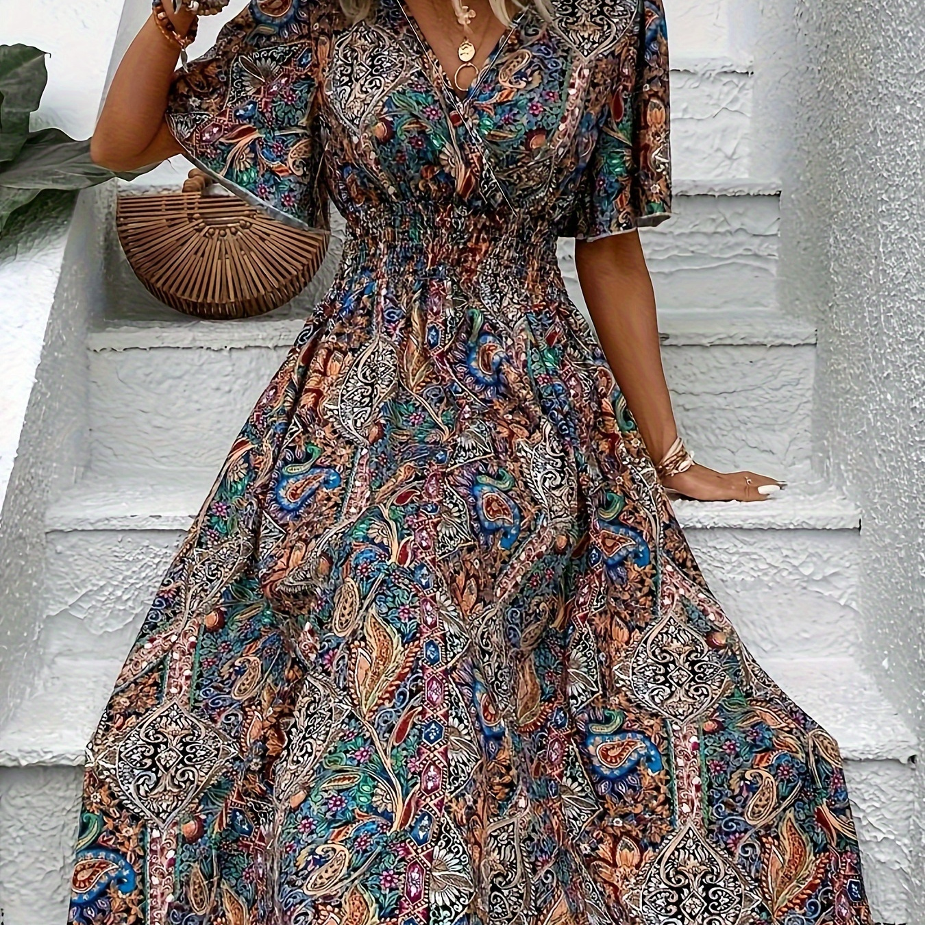 

Plus Size Ethnic Floral Print Shirred Waist Dress, Casual Short Sleeve Dress For Spring & Summer, Women's Plus Size Clothing