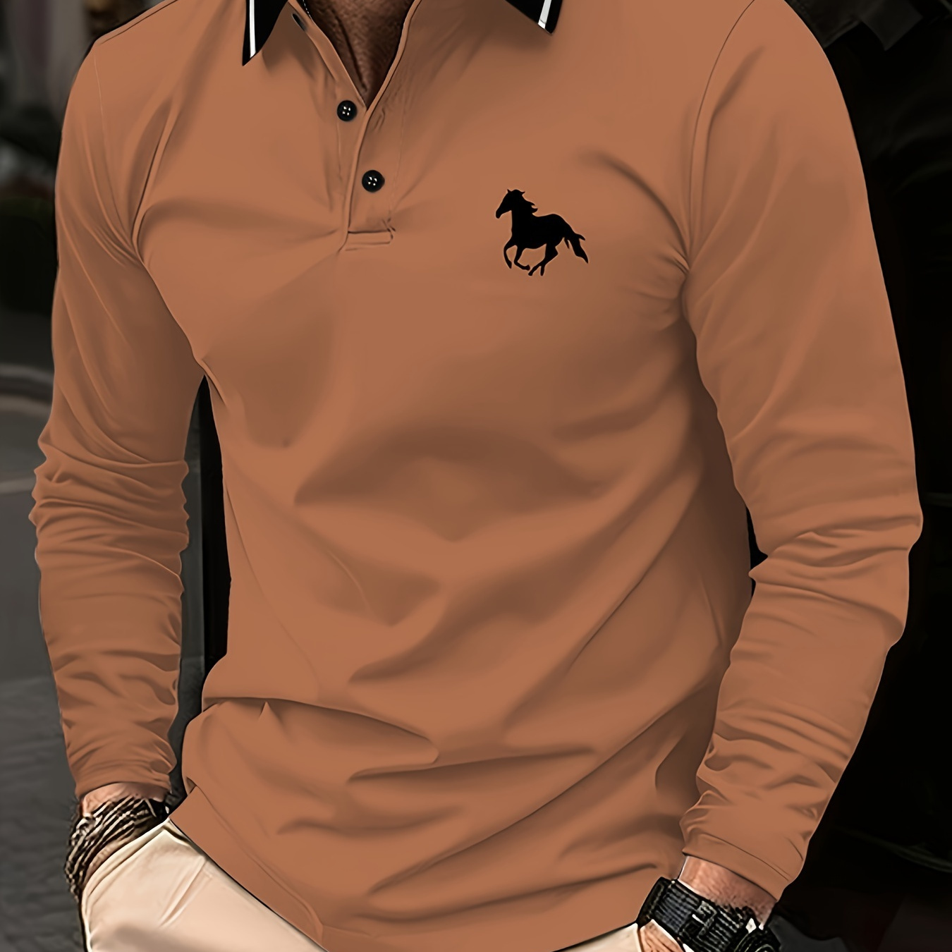 

Men' Solid Color Horse Print Shirt - Long Sleeve, Button-up, Golf & Casual Wear, Machine Washable