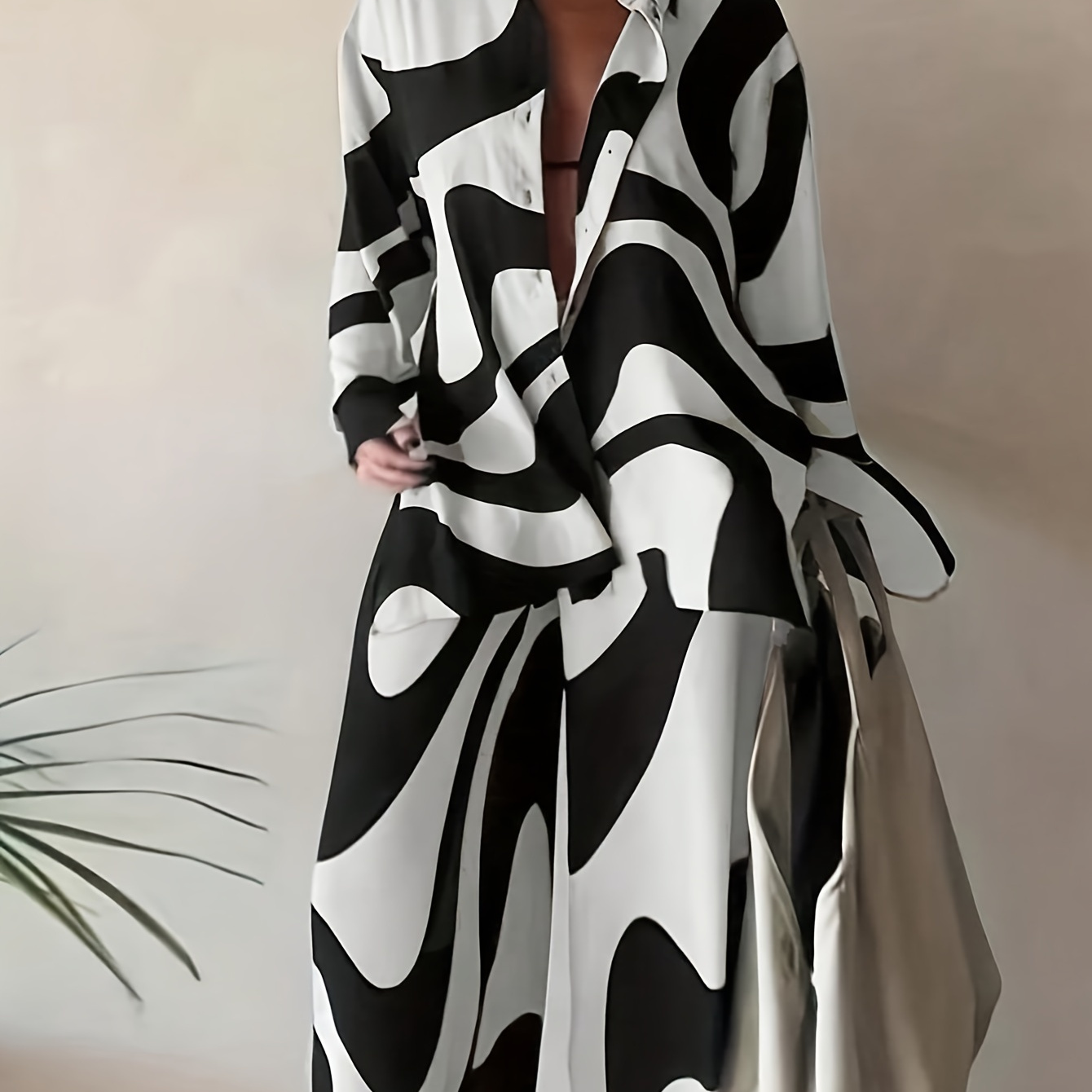 

Plus Size Stylish Casual Color Block Pants Set, Button Front Long Sleeve Shirt & Elastic Waist Pants Outfits For Spring, Women's Plus Size Clothing