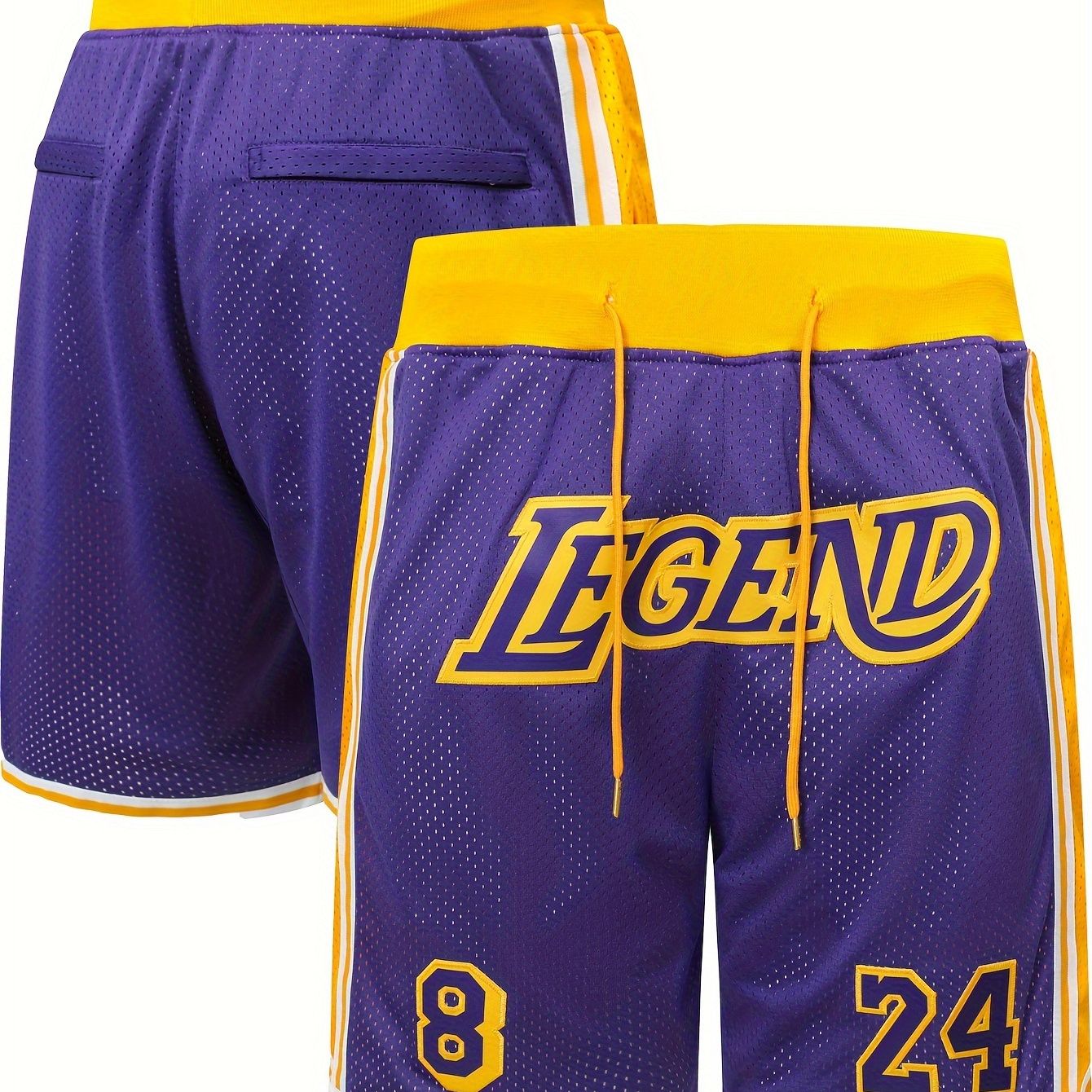 

Men's Purple Yellow # 8-24 Basketball Shorts With Pockets, Casual Fashion, Breathable Sports Zipper, High-quality Embroidered Shorts