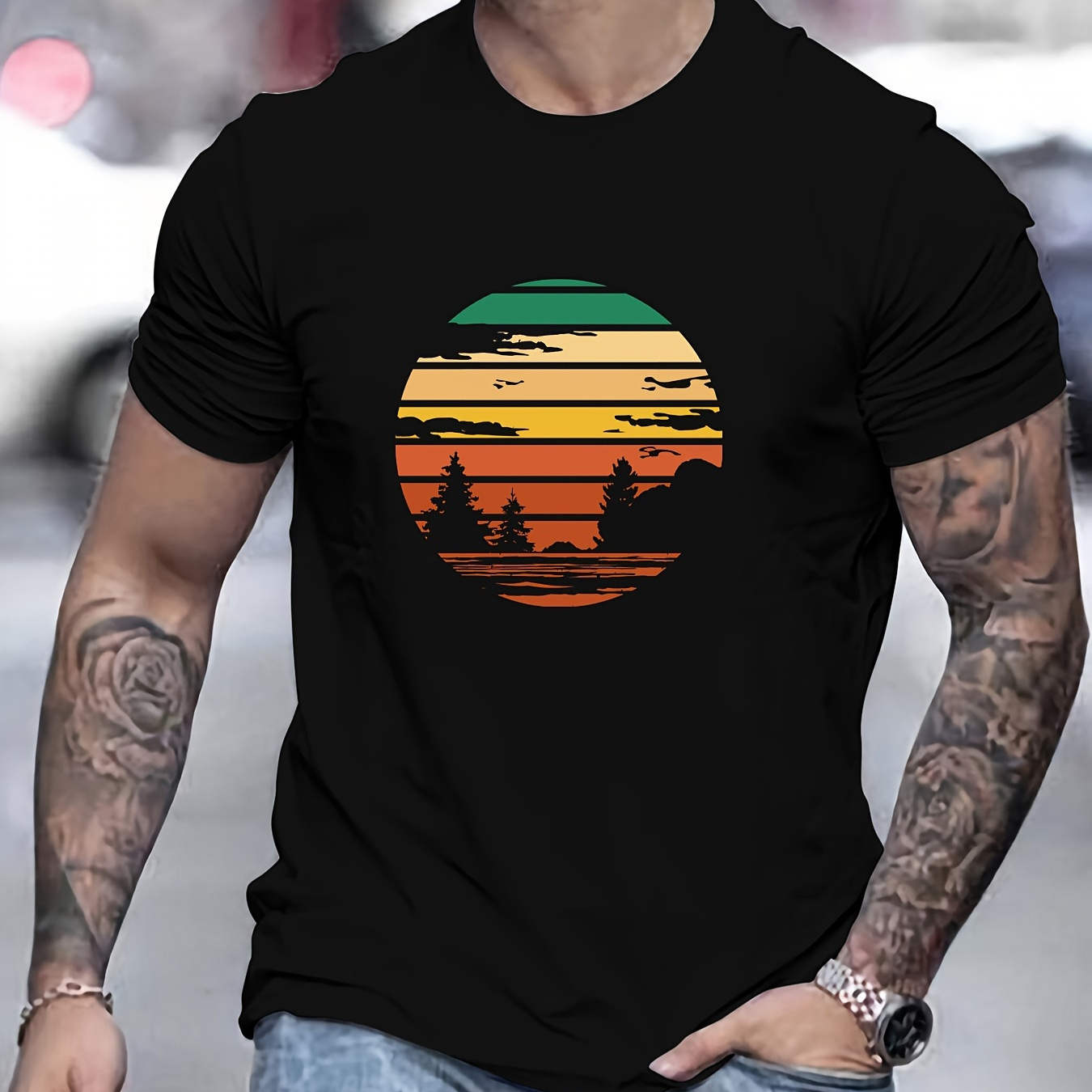 

T-shirt Imprimé Coucher De Soleil, T-shirts Pour Hommes, T-shirt Décontracté À Manches Courtes Pour L'été