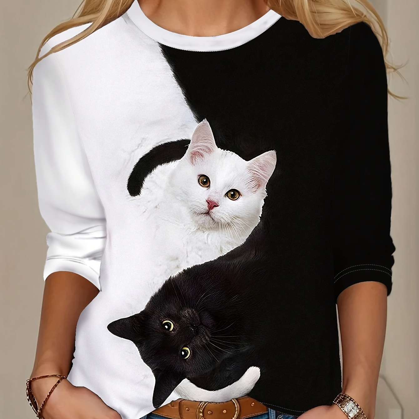 

1pc Women's Casual Long Sleeve Round Neck T-shirt With Cat Print, Polyester Knit Fabric, Animal Pattern, Regular Length For Autumn/winter