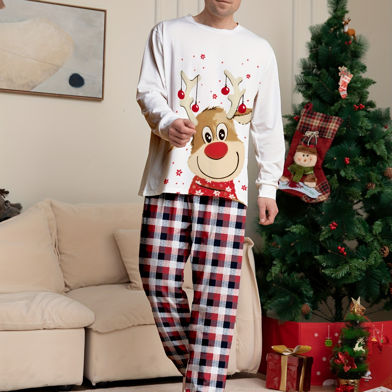 

Men's Trendy Casual Christmas Pajamas Sets, Elk Long Sleeve Crew Neck Top & Loose Pants Lounge Wear