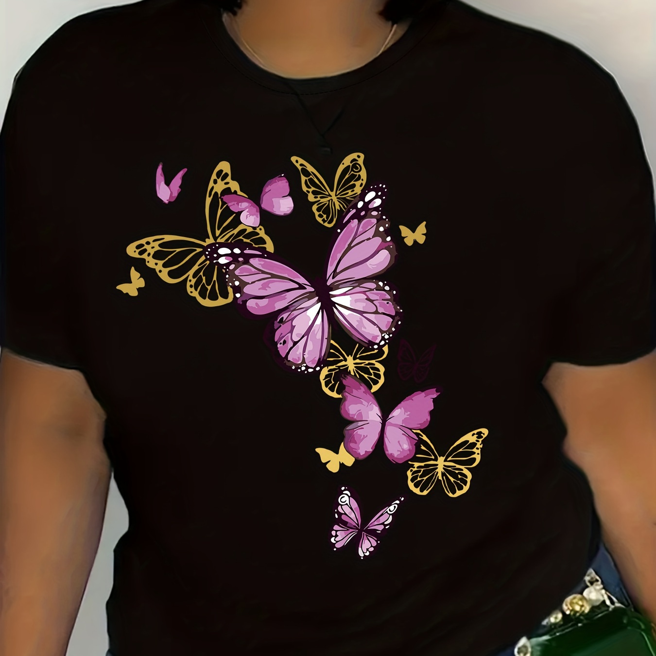 

Plus Size Butterfly Print T-shirt, Casual Crew Neck Short Sleeve Top For Spring & Summer, Women's Plus Size Clothing