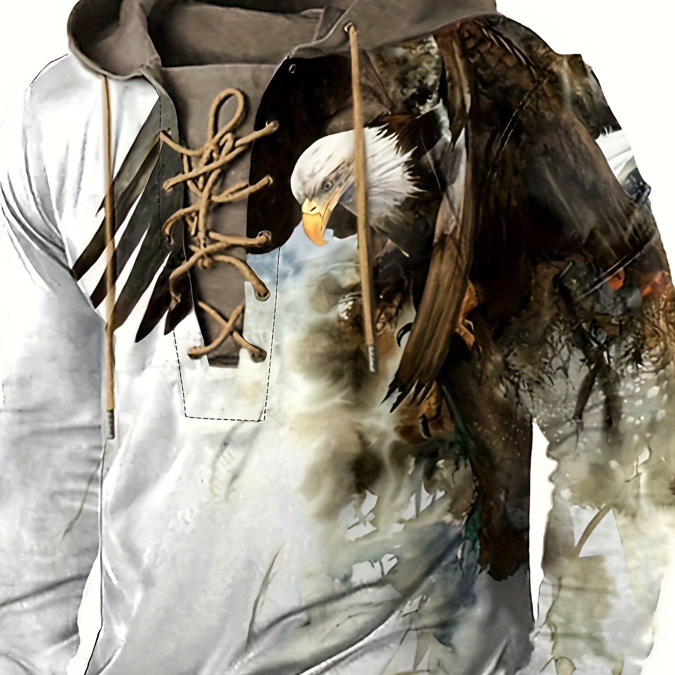

Retro Eagle Print Hoodie, Cool Lace Up Hoodies For Men, Men's Casual Graphic Design Hooded Sweatshirt Streetwear For Winter Fall, As Gifts