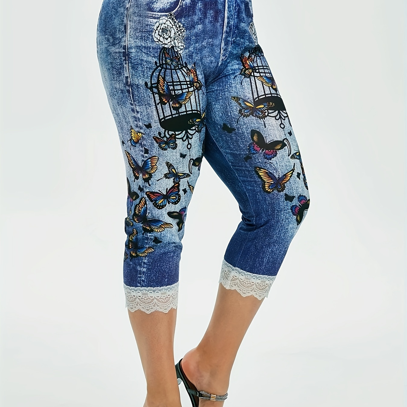 Plus Size Casual Leggings Women's Plus Butterfly Denim Print - Temu