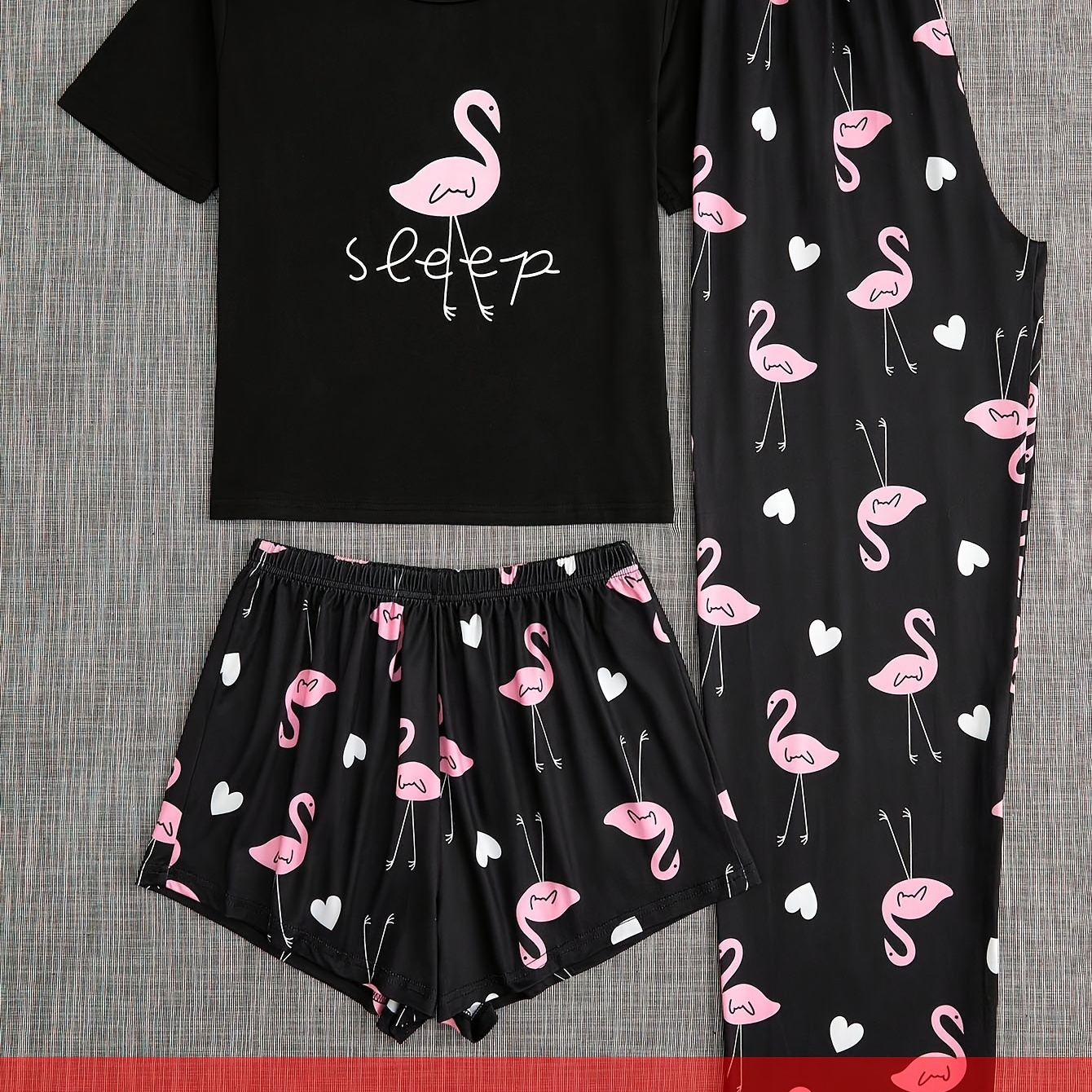 

3pcs Plus Size Women' Pajama Set - Flamingo & Heart Print, Fabric, Short Sleeve Round Neck Top, Shorts & Pants In Black - Polyester Sleepwear