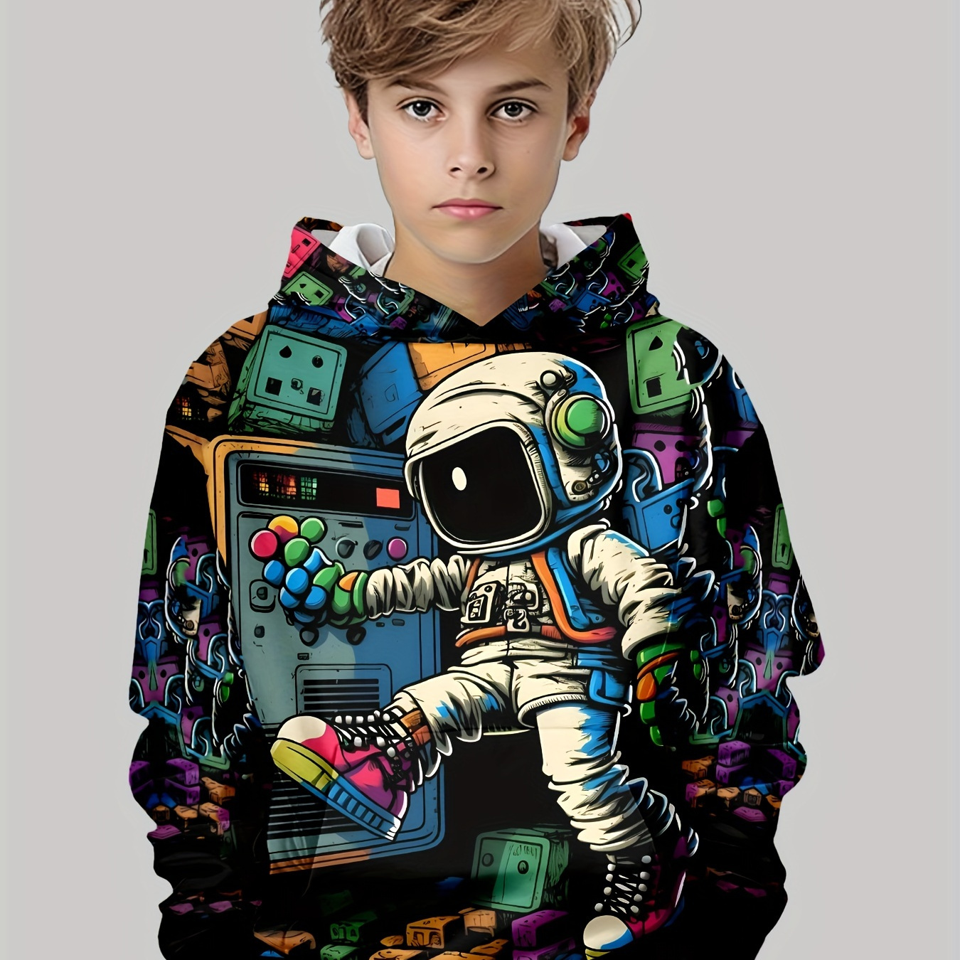 

Astronaut-themed 3d Printed Casual Hoodie For Boys - Polyester & Spandex Blend, Crew Neck With Long Sleeves & Front Pocket, Slight Stretch Knit Fabric, Suitable For All Seasons