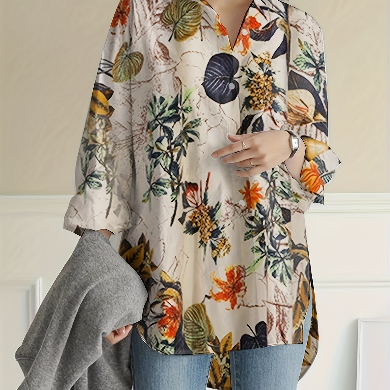 

Floral Print Button Front Blouse, Vacation Style Long Sleeve Vintage Blouse For Spring & Fall, Women's Clothing