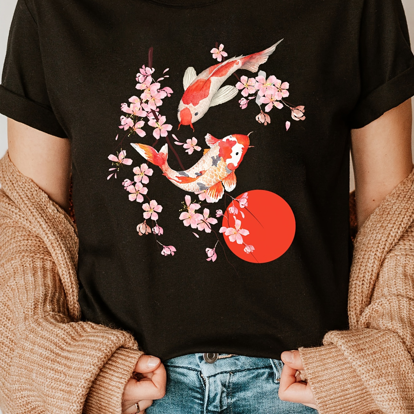 

T-shirt à col rond avec motif de poissons, haut décontracté à manches courtes pour l'été et le printemps, vêtements pour femmes