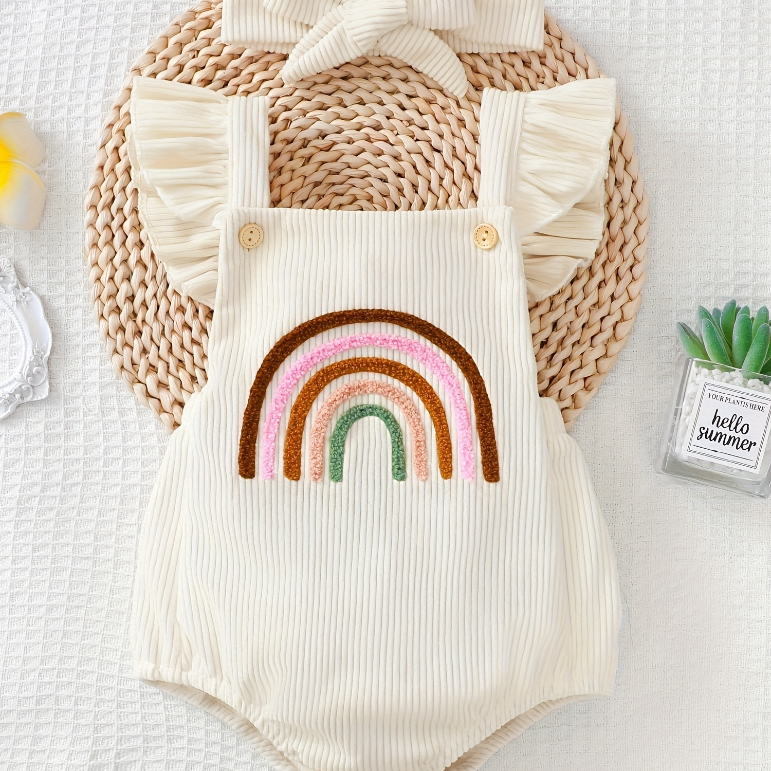 

Baby Girls Romper Set, Rainbow Embroidery, Strap, Sleeveless Bodysuit With Matching Headband, Cute Style, Cotton Outfit