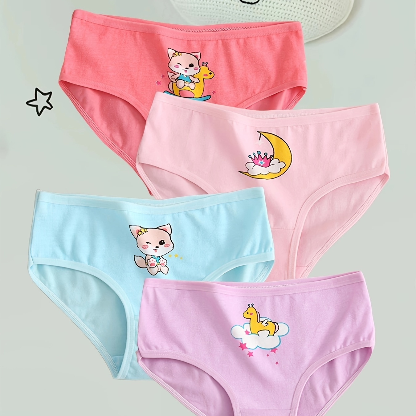 

4-pack Girls' Cotton Underwear, Cartoon Cute Pattern, Comfortable Tri-shorts, Regular Fit, Knitted Fabric, For Children