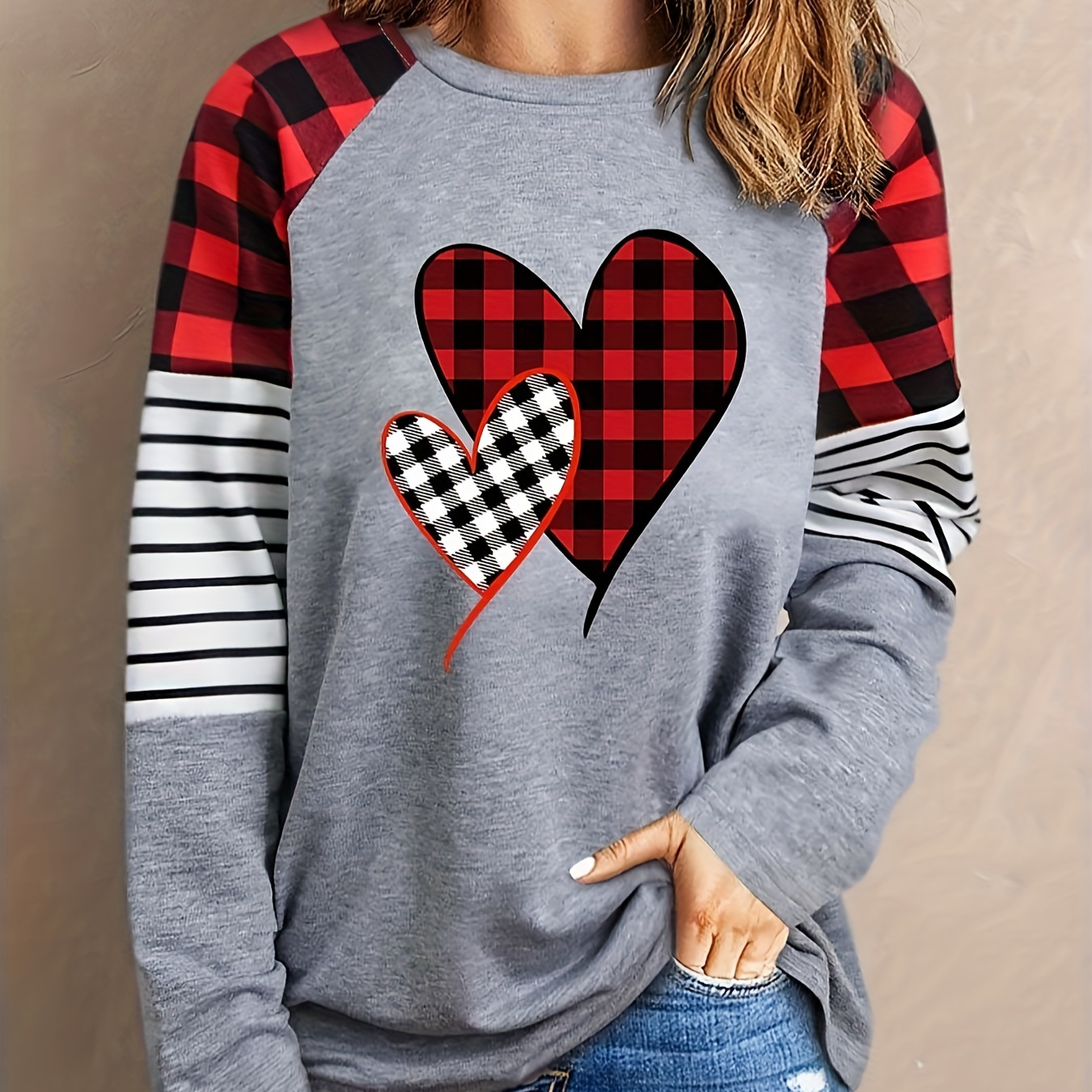 

Sweatshirt à imprimé cœur Stripe & Plaid, sweatshirt décontracté à manches longues pour le printemps et l'automne, vêtements pour femmes, Jour de la Saint-Valentin
