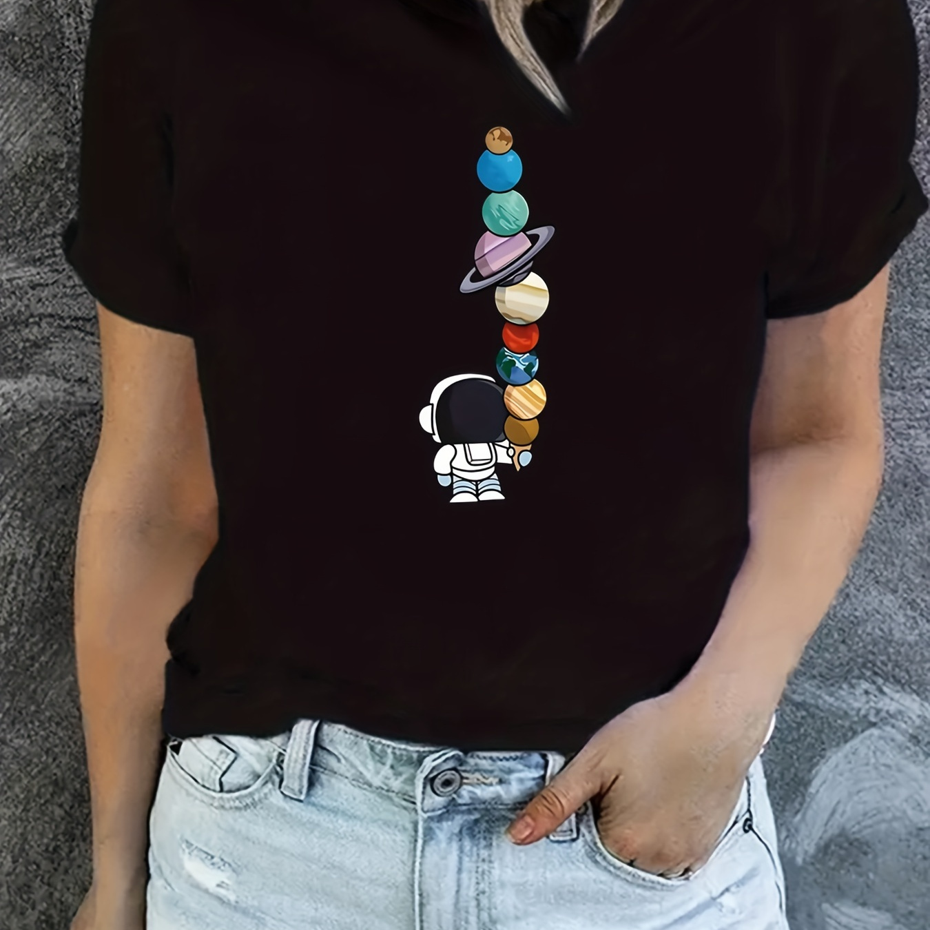 

Cartoon Astronaut Print T-shirt, Casual Short Sleeve Crew Neck Top For Spring & Summer, Women's Clothing