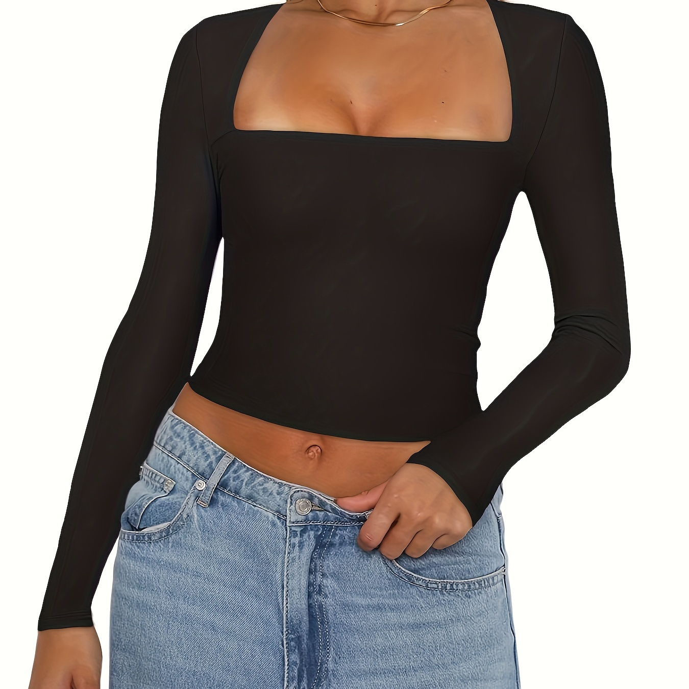 

Women's Slim Fit Crop Tops Long Sleeve Square Neck Solid Color T-shirt Dressy Blouses