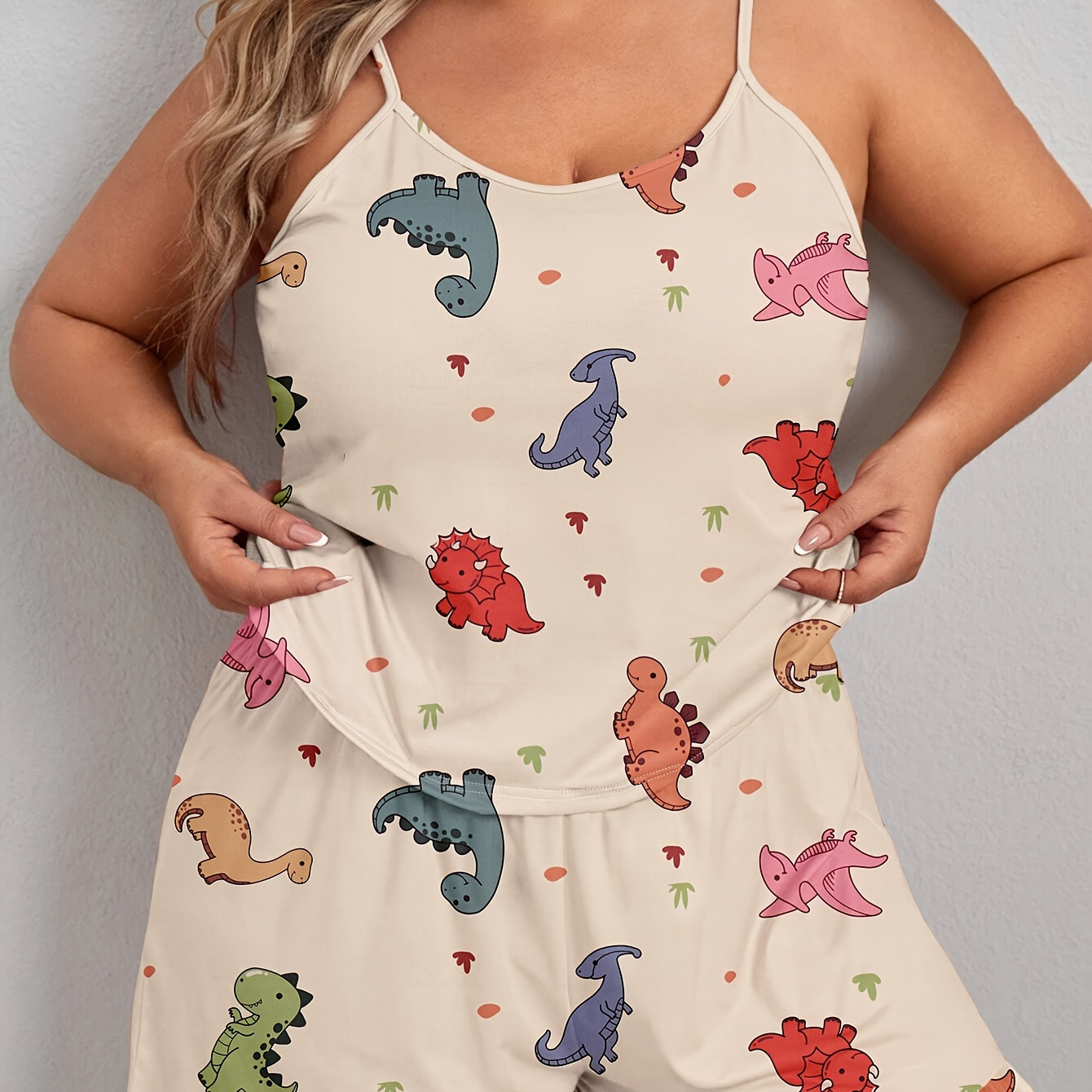 

Women's Plus Easter Day Cute Pajamas Set, Plus Size Cartoon Dinosaur Print Round Neck Cami Top & Shorts Lounge 2 Piece Set