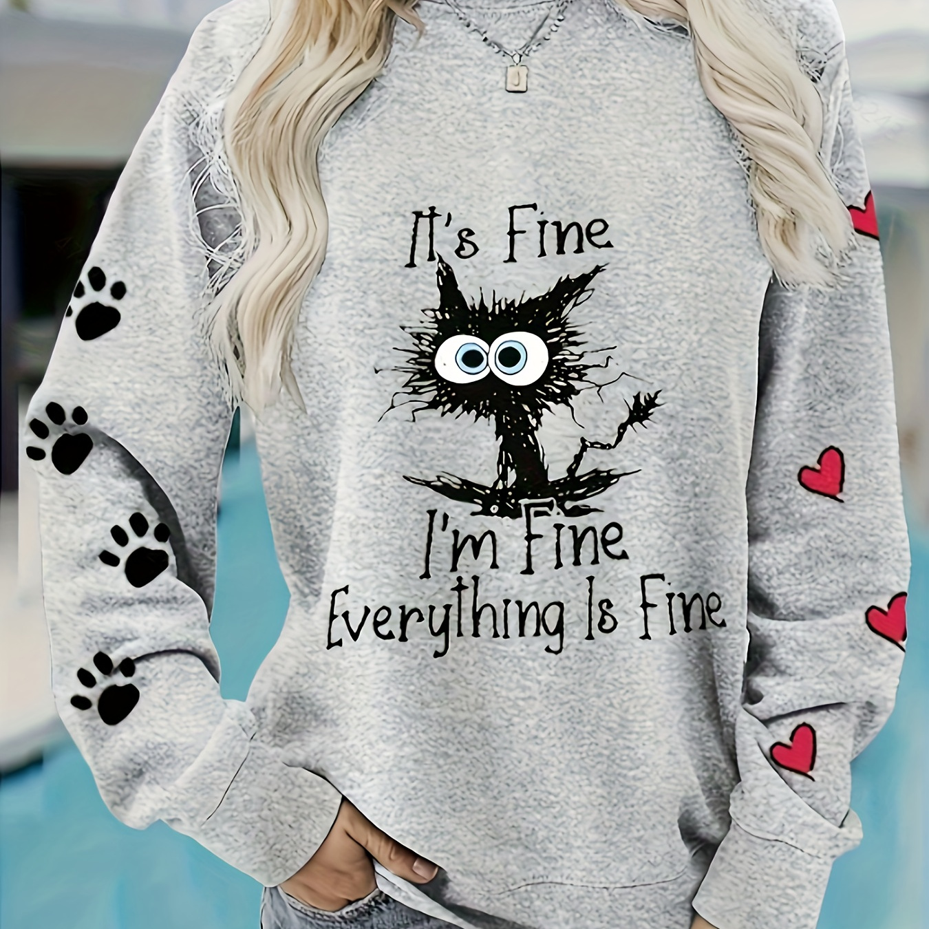 

Plus Size Casual Sweatshirt, Women's Plus Funny Cat & Slogan Print Long Sleeve Round Neck Slight Stretch Pullover Top