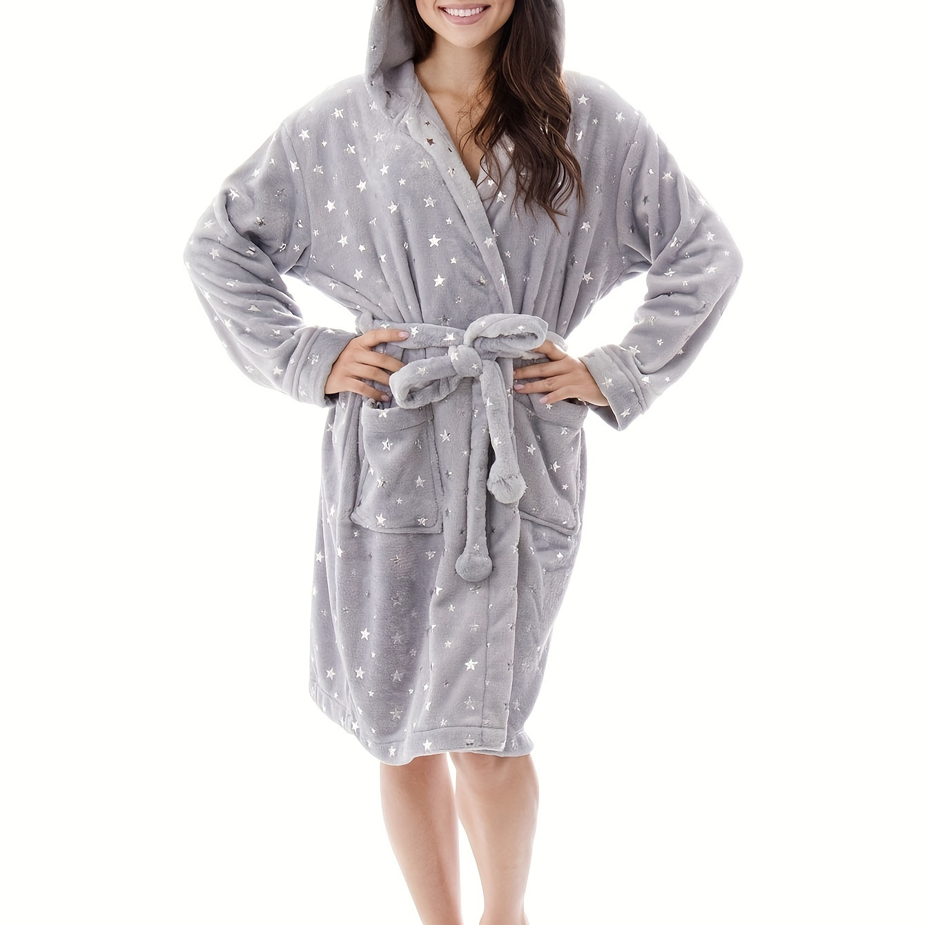 

Glitter Star Pattern Plush Nightgown, Thickened Long Sleeve Hooded Sleep Robe With Belt, Women's Sleepwear