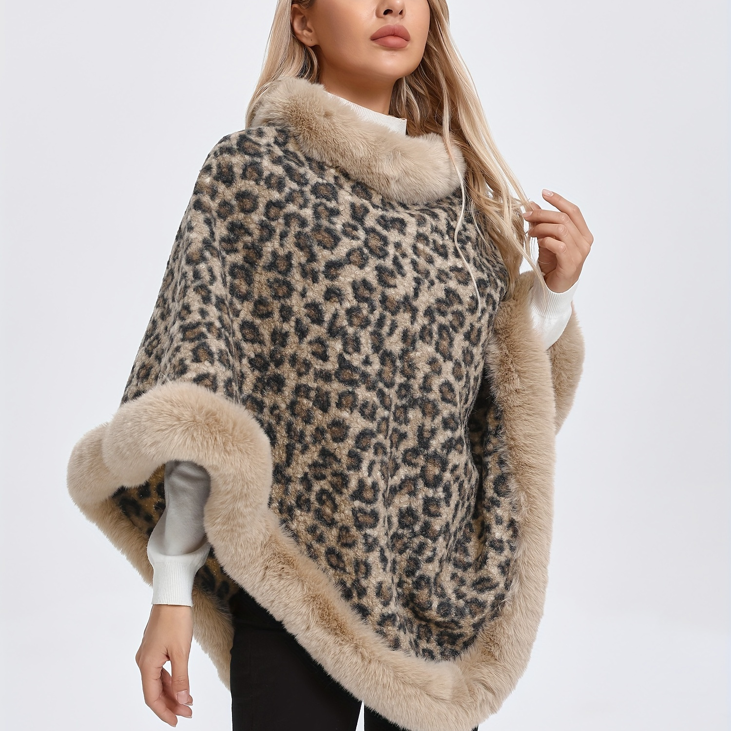 

1pc Elegant Leopard Print Pullover Sweater With Fur Collar, Polyester Knit Fabric, Crew Neck, Sleeveless, Regular Length, Warm Shawl Cape For Fall/winter