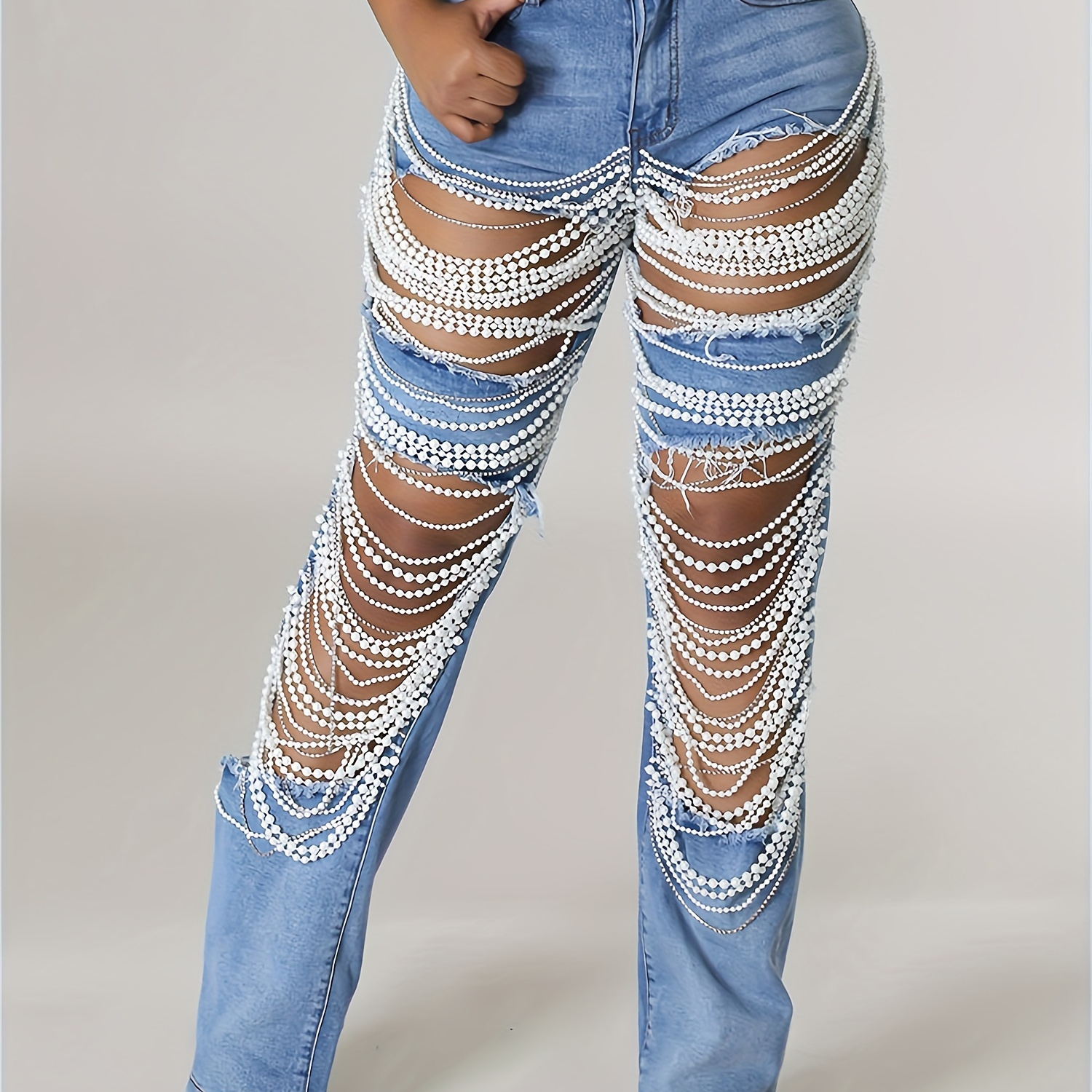 

Women' Mid-rise Straight Leg Jeans With Pearl Chain , High-waisted Distressed Denim For Casual Streetwear