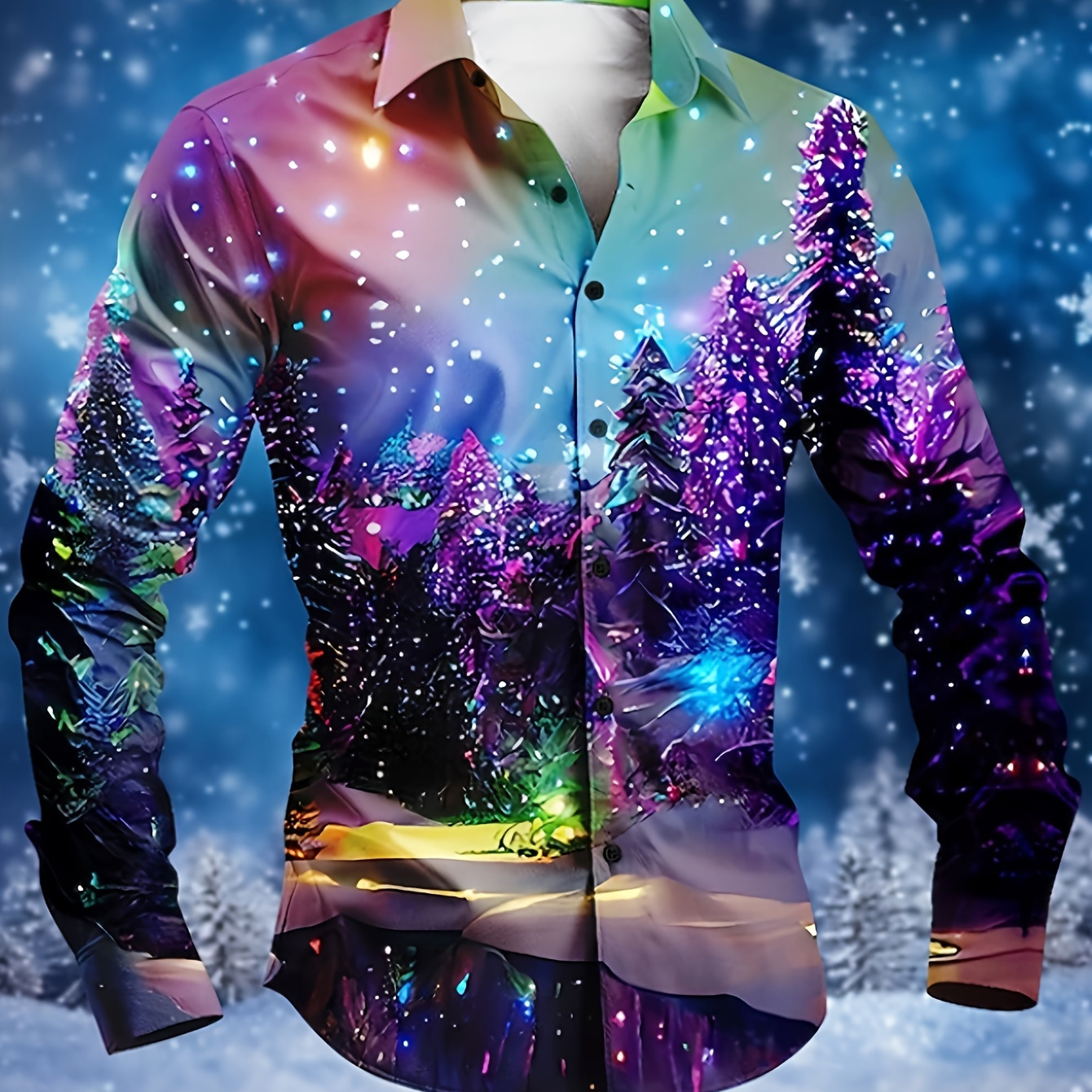 

Men's Long Sleeve Shirt With Christmas Night Print - Casual Button-up, Polyester, Machine Washable - Holidays & Casual Attire,