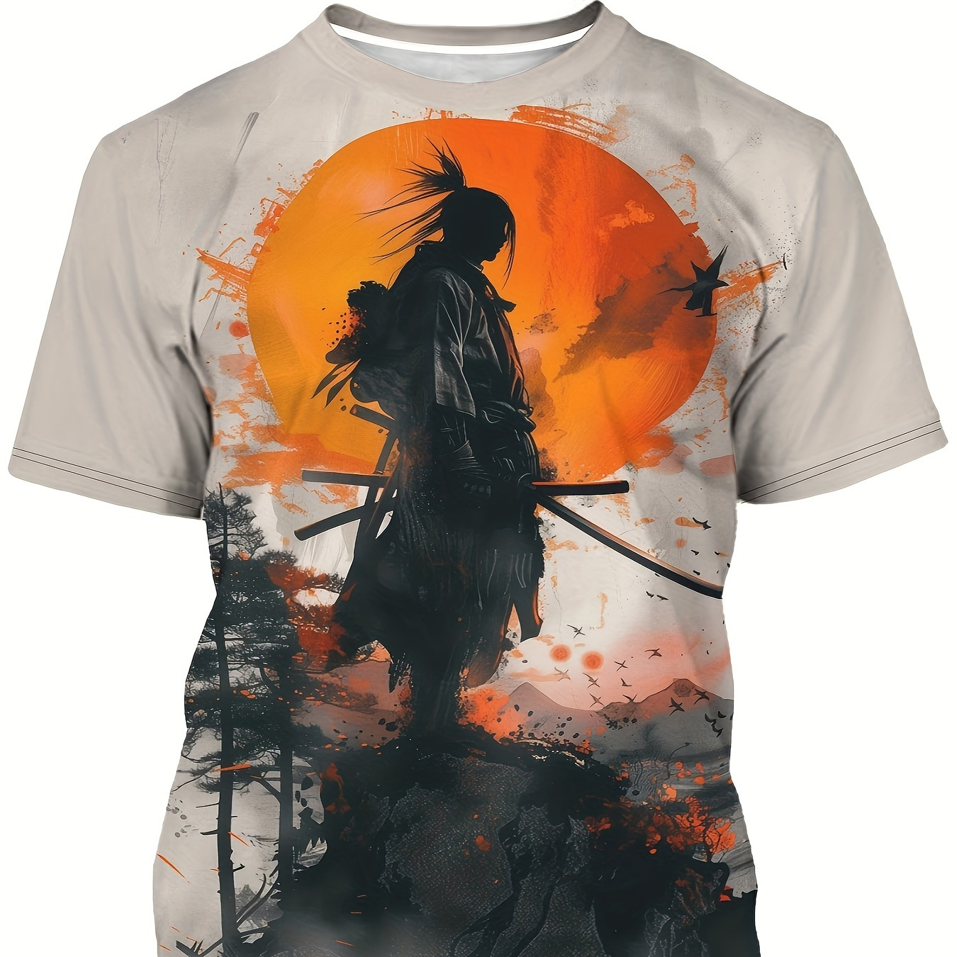 

Men's Summer Fashion, Cartoon Style , Sun And Mountain Illustration Pattern Crew Neck And Short Sleeve T-shirt, Stylish And For Outdoors Leisurewear