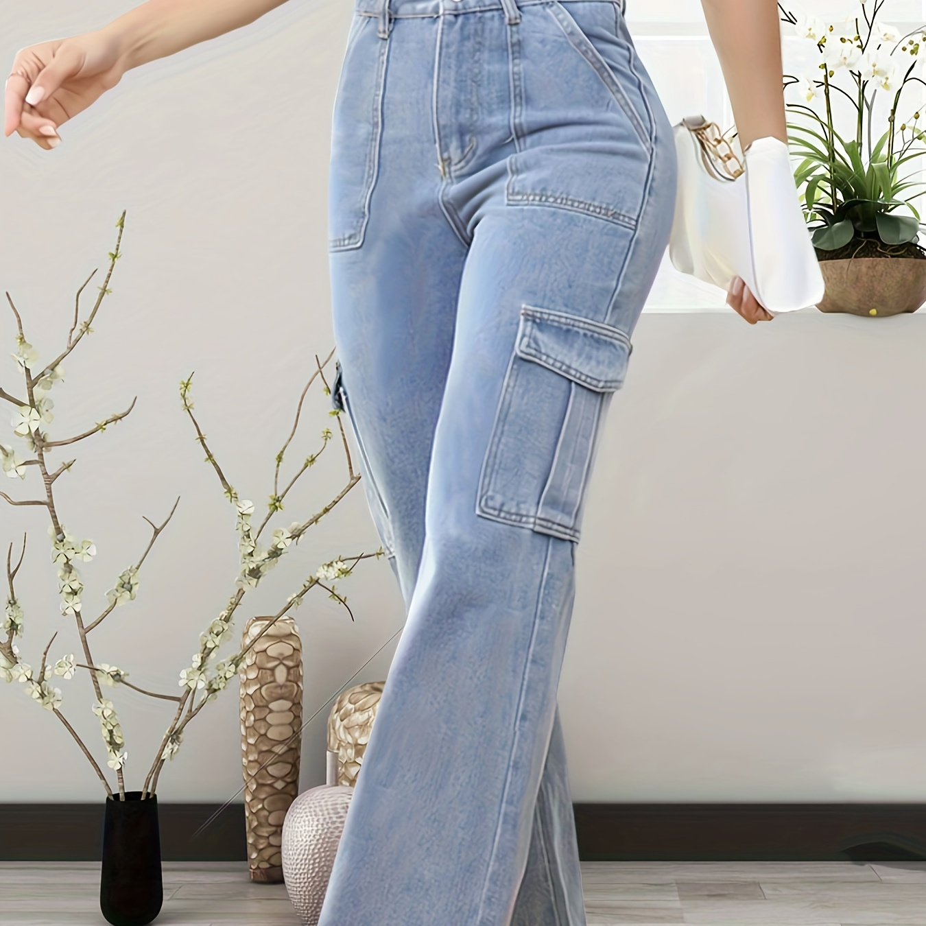 

Blue Flap Pockets Straight Jeans, Loose Fit Non-stretch Wide Legs Cargo Pants, Women's Denim Jeans & Clothing