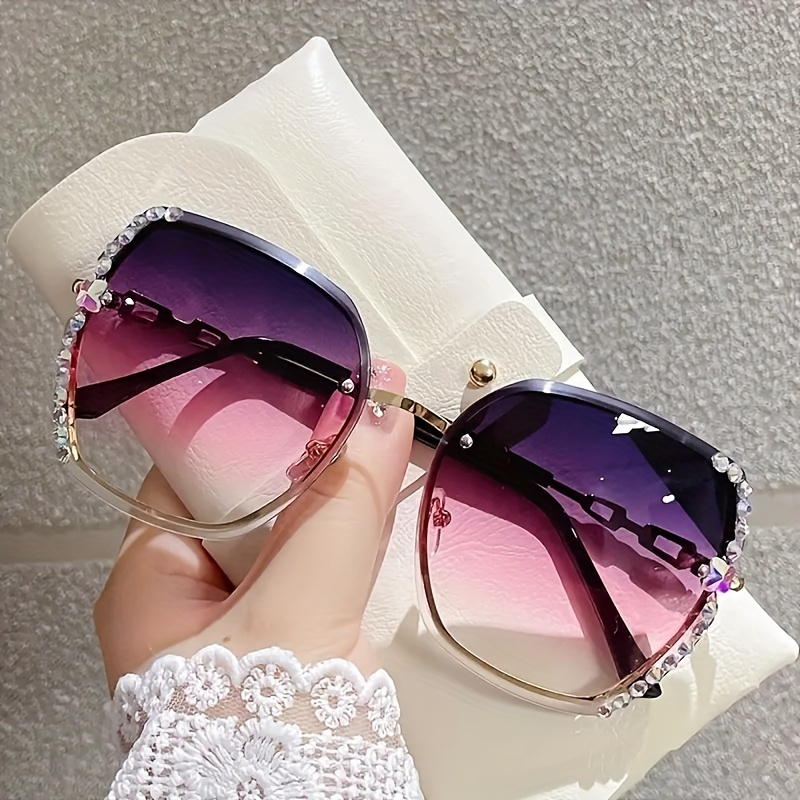 

Oversized Rhinestone Decor Fashion Sunglasses Casual Gradient Rimless Glasses For Summer Beach Party Club