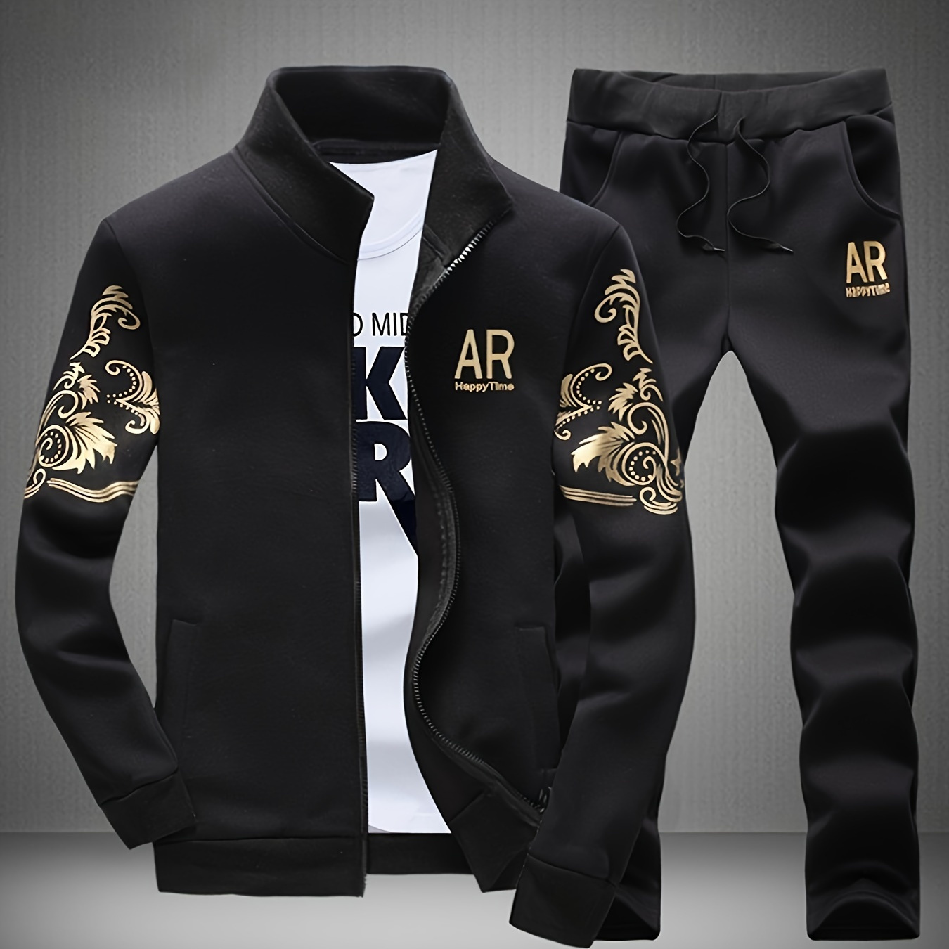 

Men's Casual 2-piece Outfit, Fashion Printed Full Zip Jacket & Drawstring Pants, Breathable Comfy Sports Set