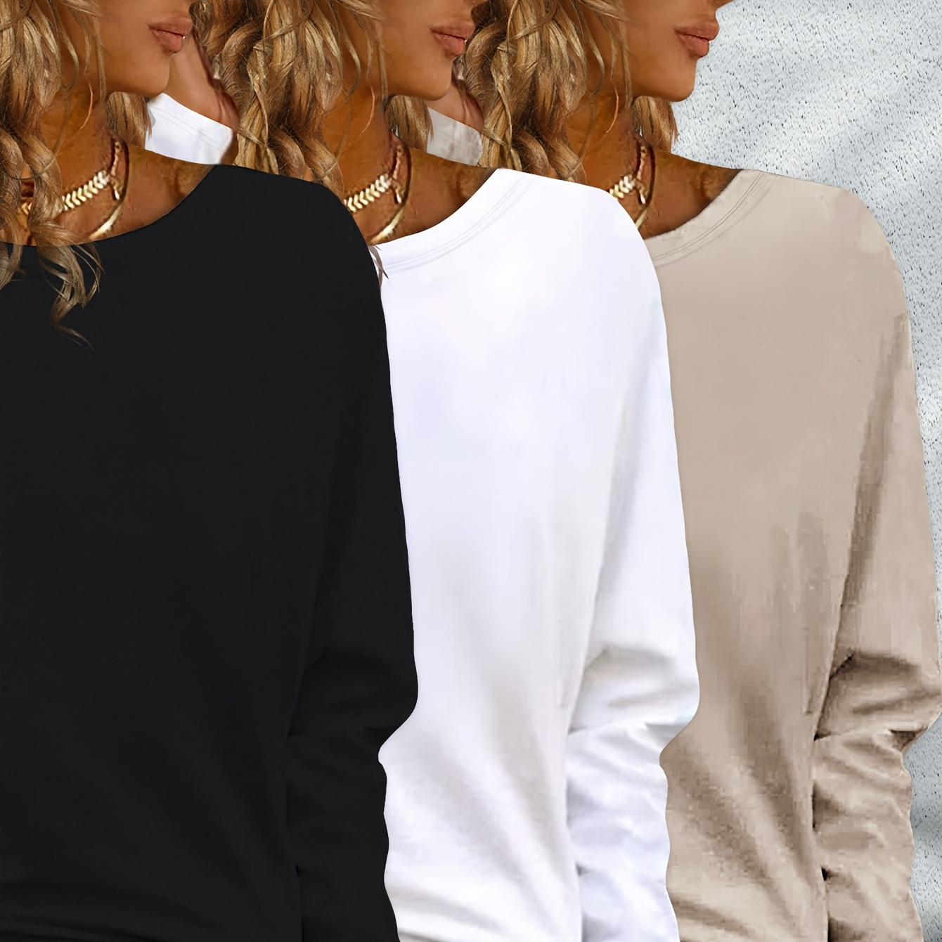 

3-pack Women's Casual Long Sleeve T-shirts - Solid Color Polyester Round Neck Tops For All