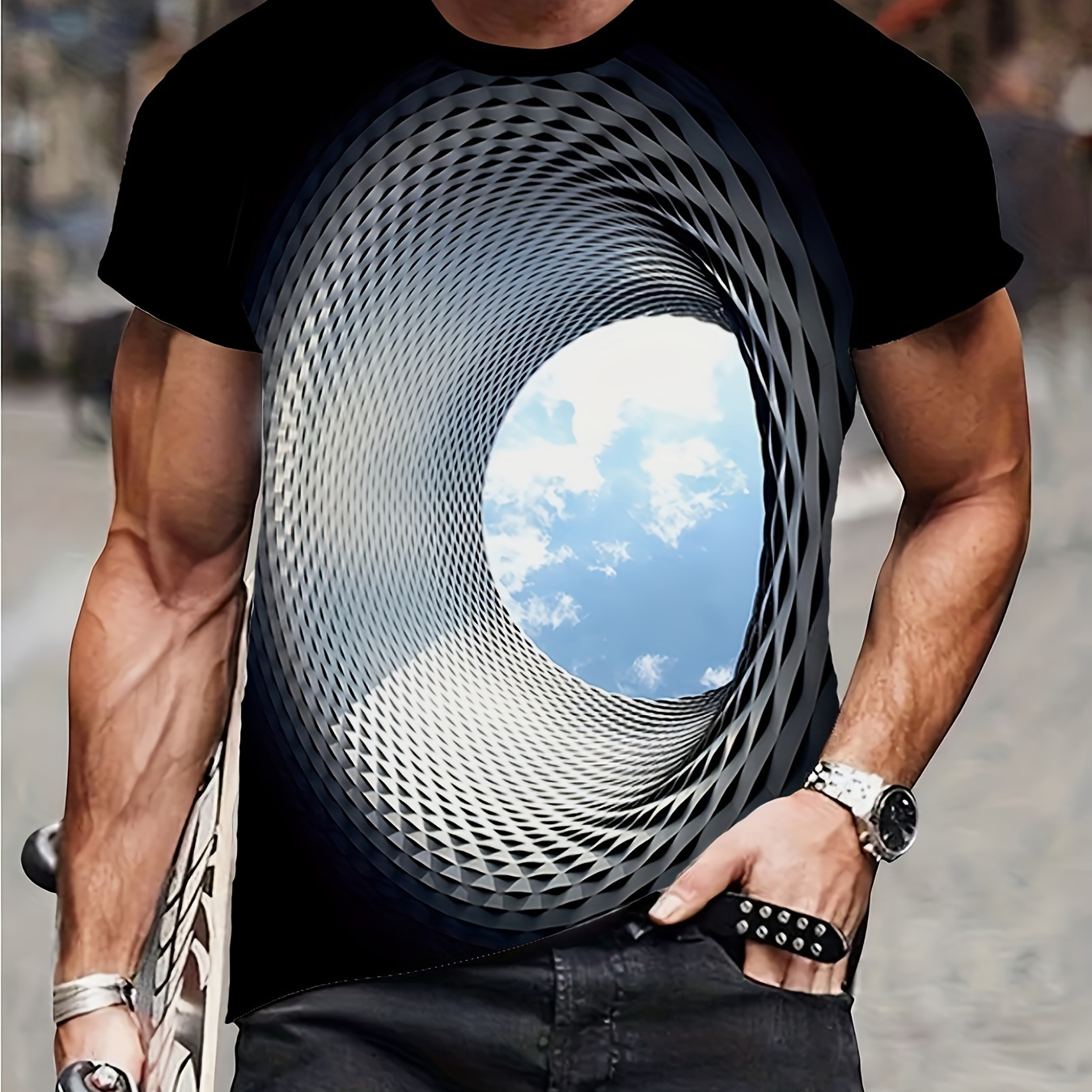 

Men's 3d Illusion Print T-shirt - Black With Yellow Design, Casual & Comfortable Short Sleeve Crew Neck Tee For Summer Outdoor Activities - Perfect Gift For Him, Plus Size