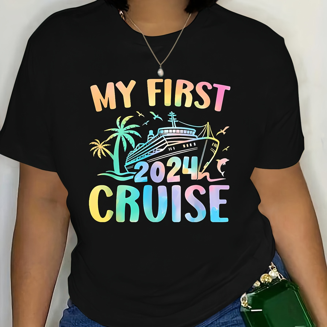 

Plus Size Letter Cruise Print T-shirt, Casual Short Sleeve Top For Spring & Summer, Women's Plus Size Clothing