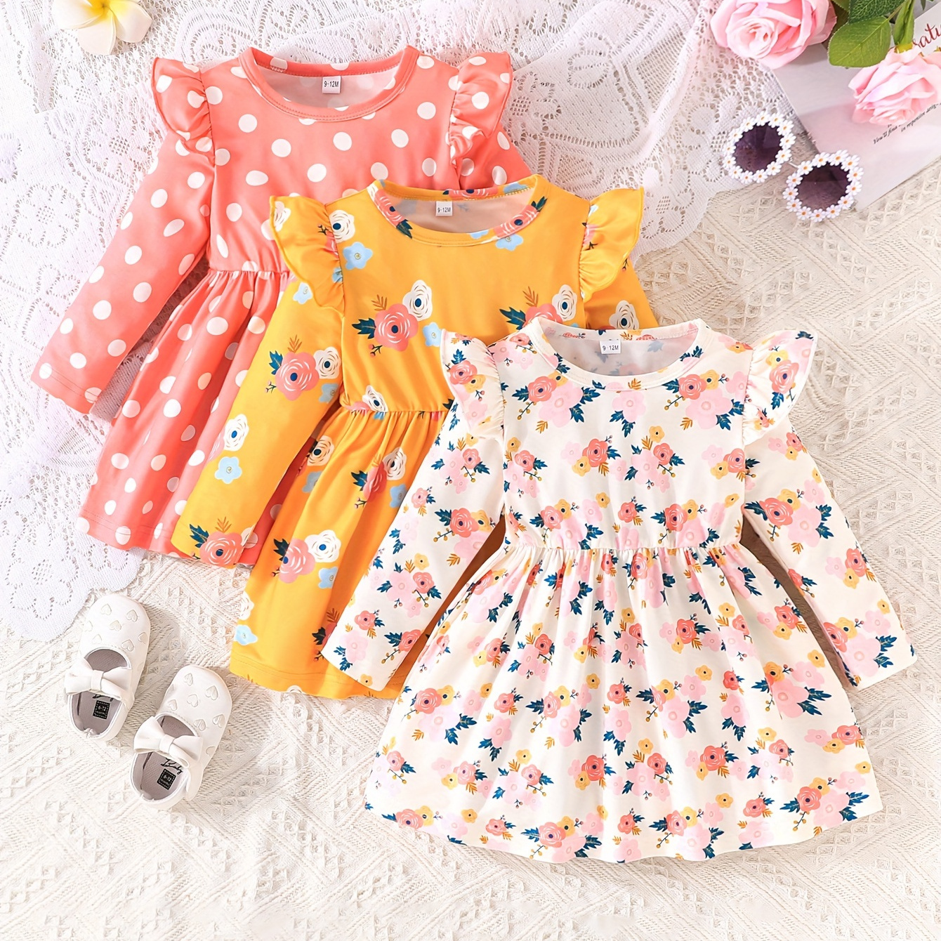 

3 robes à manches longues à volants à motif floral/pois pour bébé, robe pour fille de 0 à 3 ans pour tous les jours/vacances/fête, comme cadeau