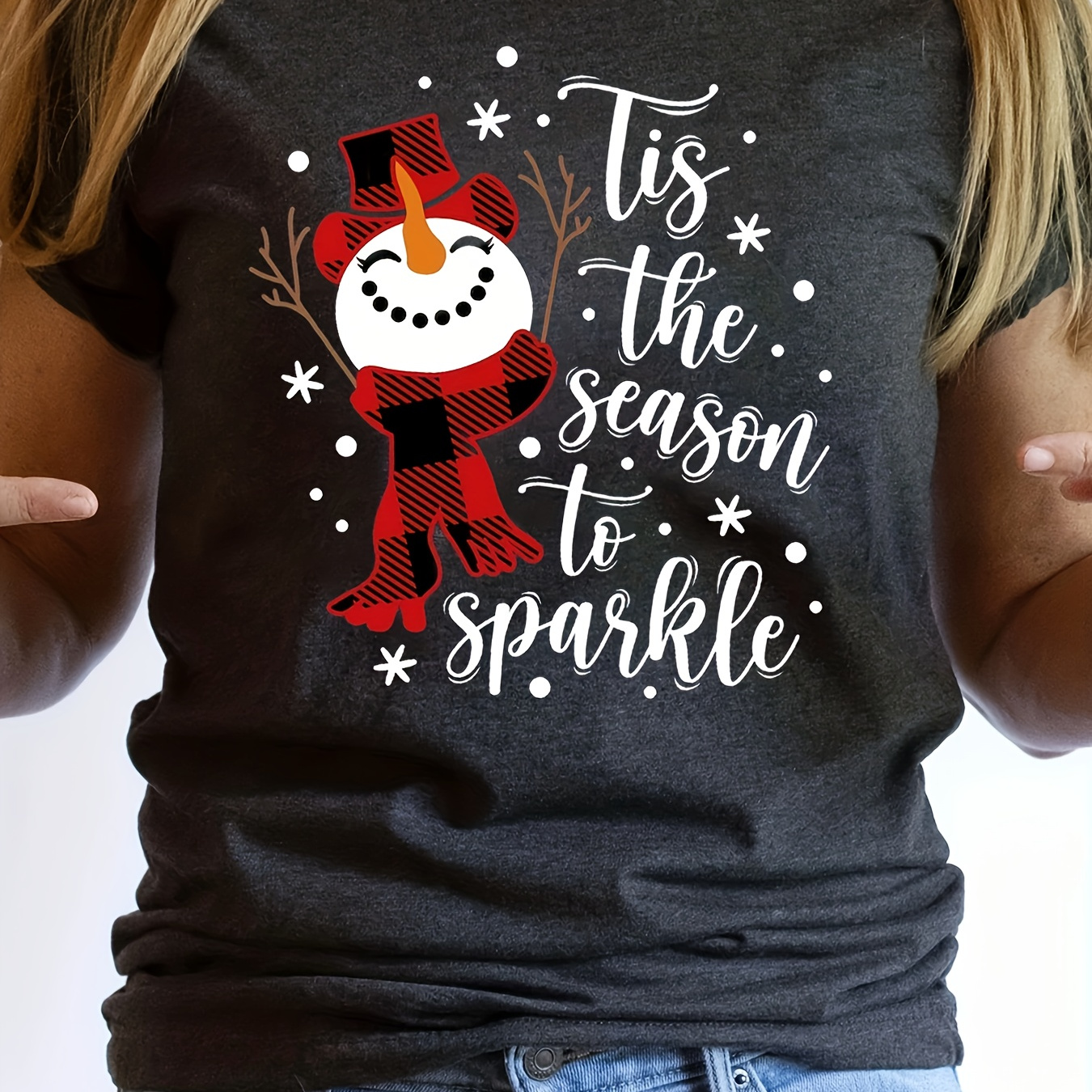 

Snowman & Snowflake Print Tee, Casual Short Sleeve Crew Neck T-shirt, Women's Clothing