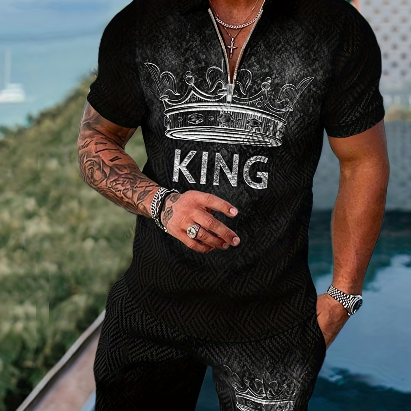 Plus Size Men's Crown & "King" Graphic Print Polo Shirt & Shorts For Summer, Trendy Casual 2Pcs Outfits